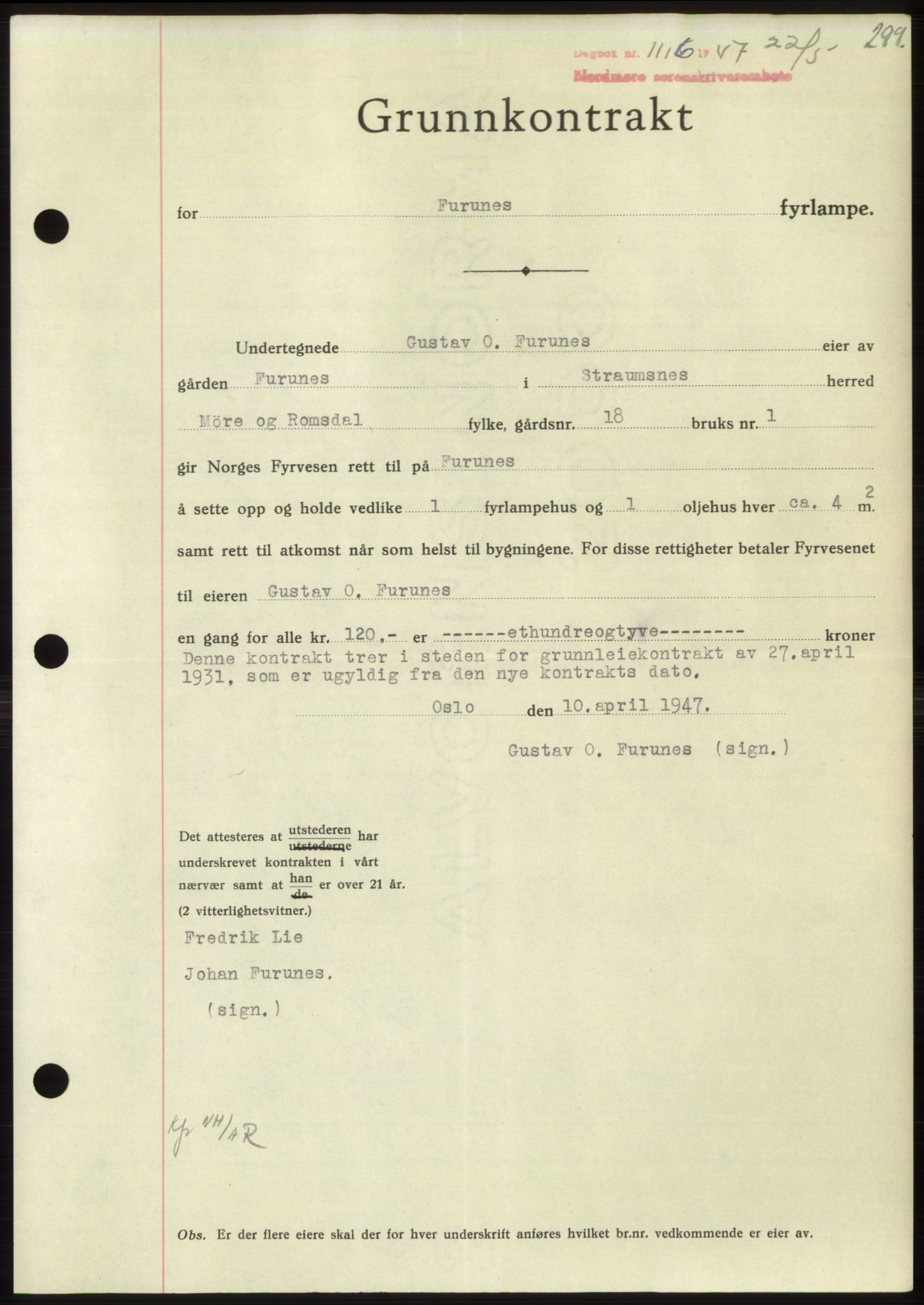 Nordmøre sorenskriveri, AV/SAT-A-4132/1/2/2Ca: Mortgage book no. B96, 1947-1947, Diary no: : 1116/1947