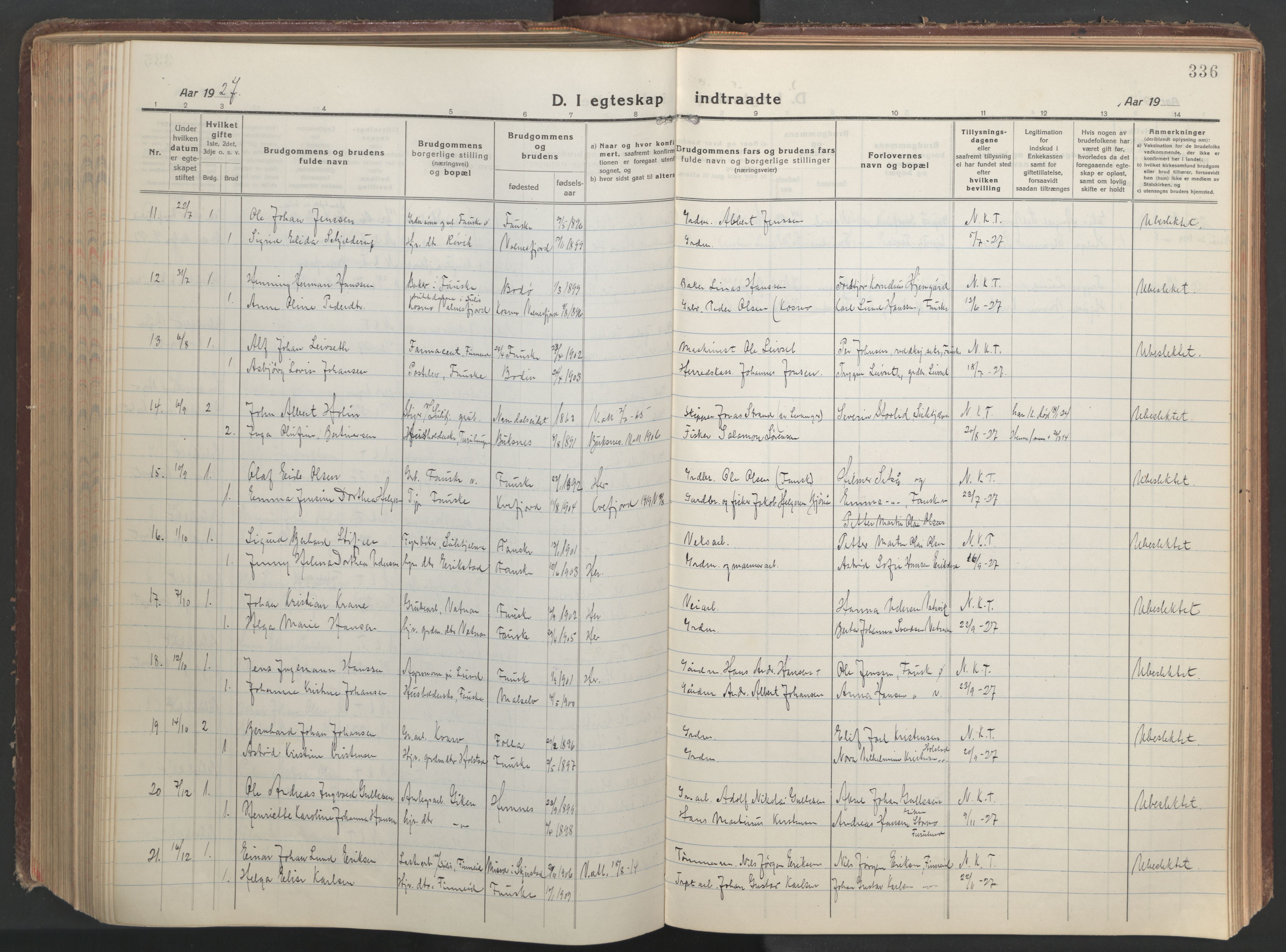 Ministerialprotokoller, klokkerbøker og fødselsregistre - Nordland, AV/SAT-A-1459/849/L0700: Parish register (copy) no. 849C01, 1919-1946, p. 336