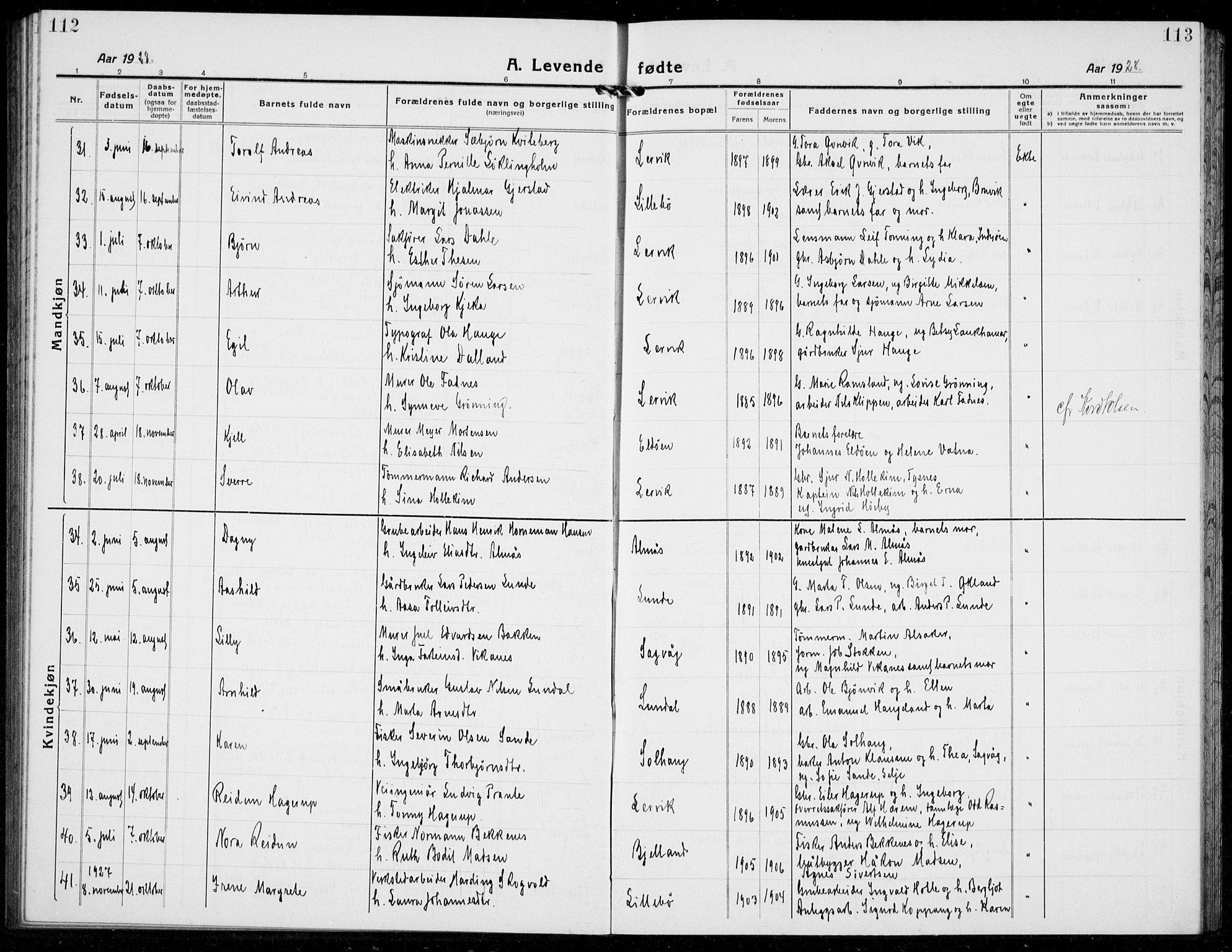 Stord sokneprestembete, AV/SAB-A-78201/H/Hab: Parish register (copy) no. A 4, 1919-1933, p. 112-113