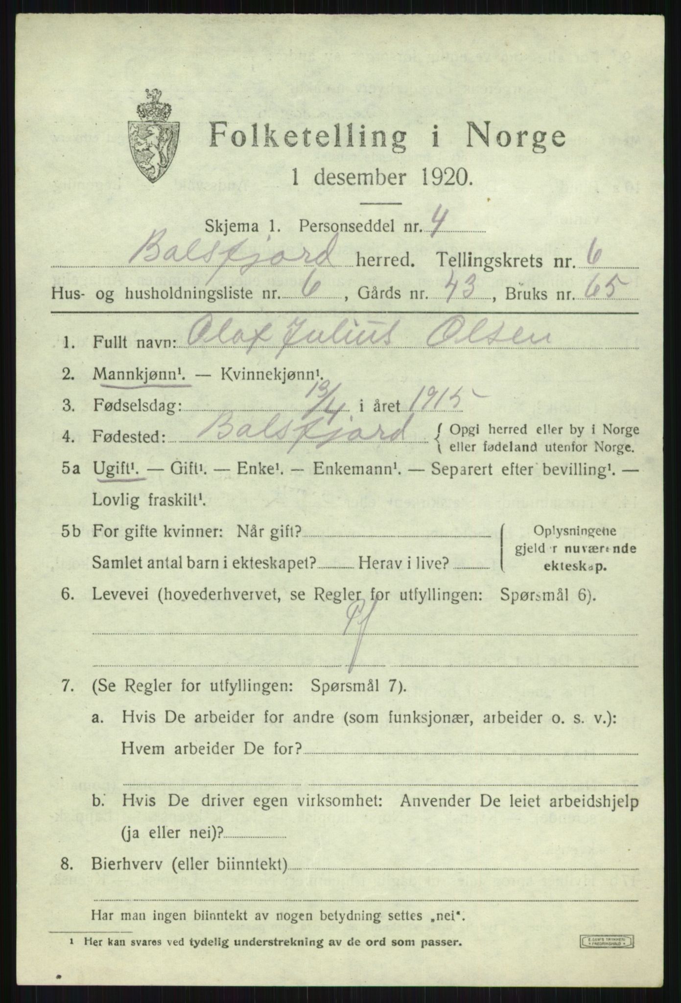 SATØ, 1920 census for Balsfjord, 1920, p. 3796