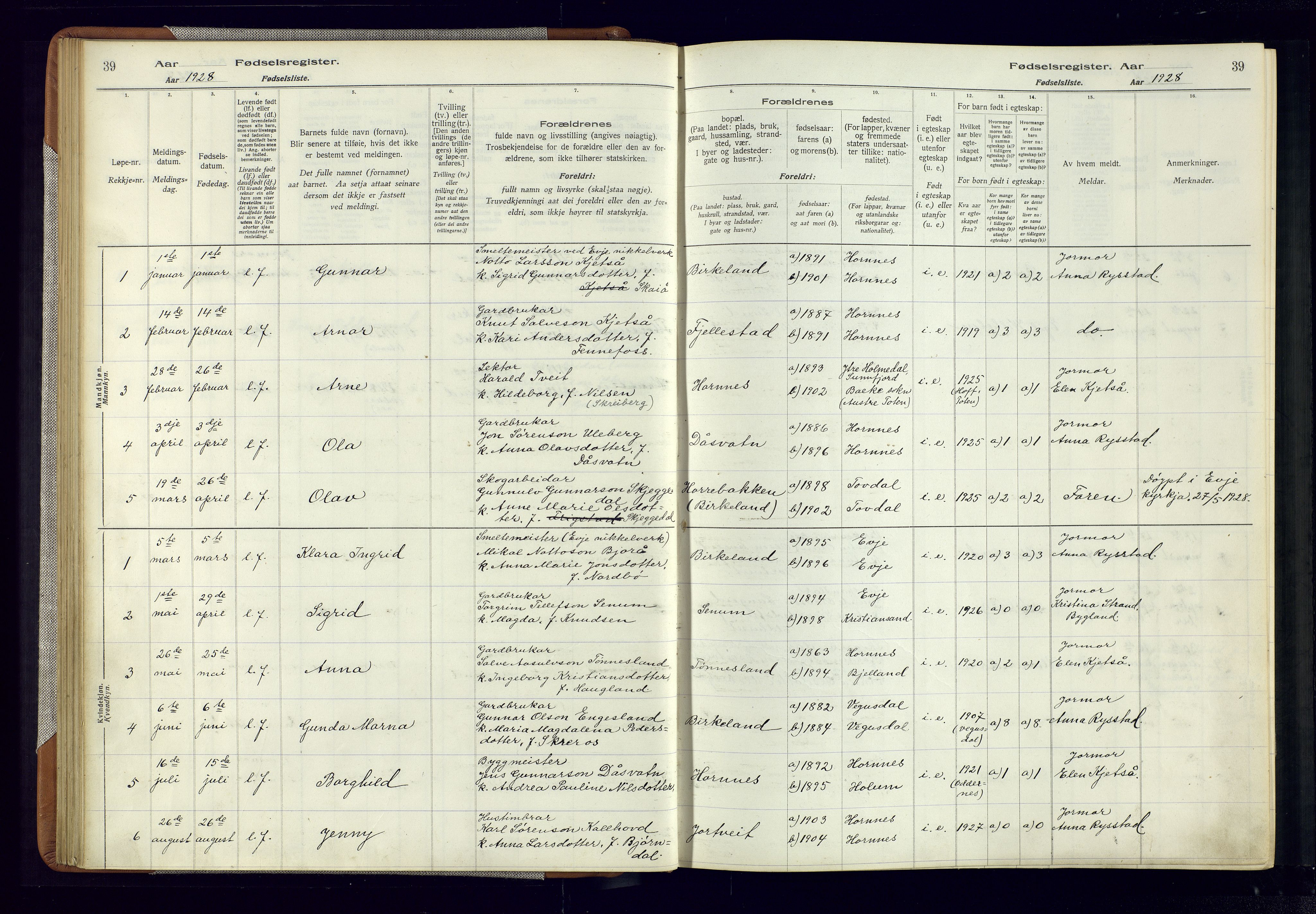 Evje sokneprestkontor, AV/SAK-1111-0008/J/Jc/L0006: Birth register no. 6, 1916-1982, p. 39