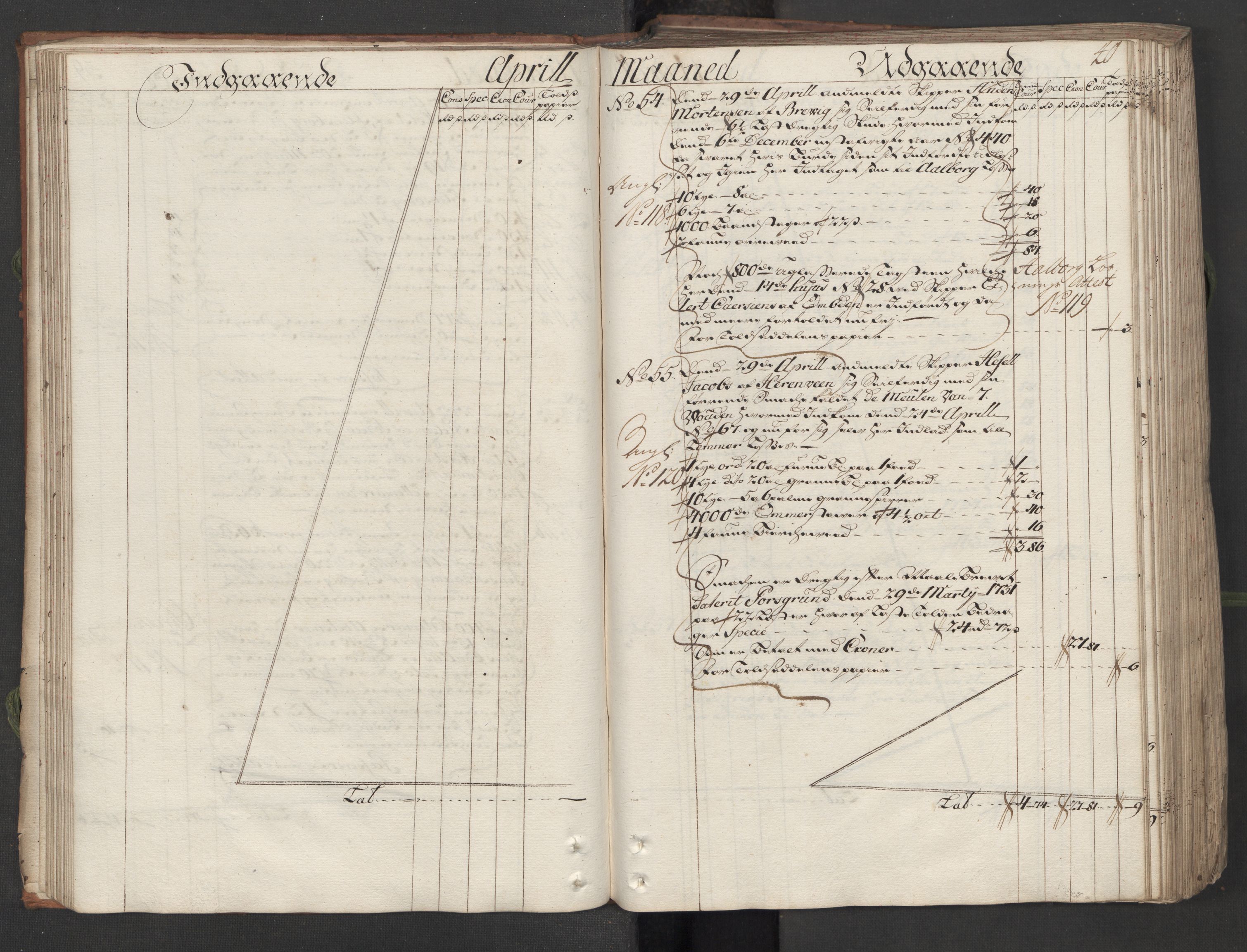 Generaltollkammeret, tollregnskaper, AV/RA-EA-5490/R12/L0009/0001: Tollregnskaper Langesund / Hovedtollbok, 1733, p. 39b-40a