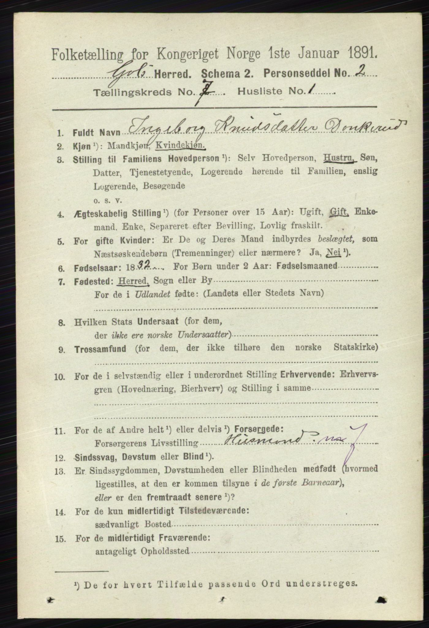 RA, 1891 census for 0617 Gol og Hemsedal, 1891, p. 2807