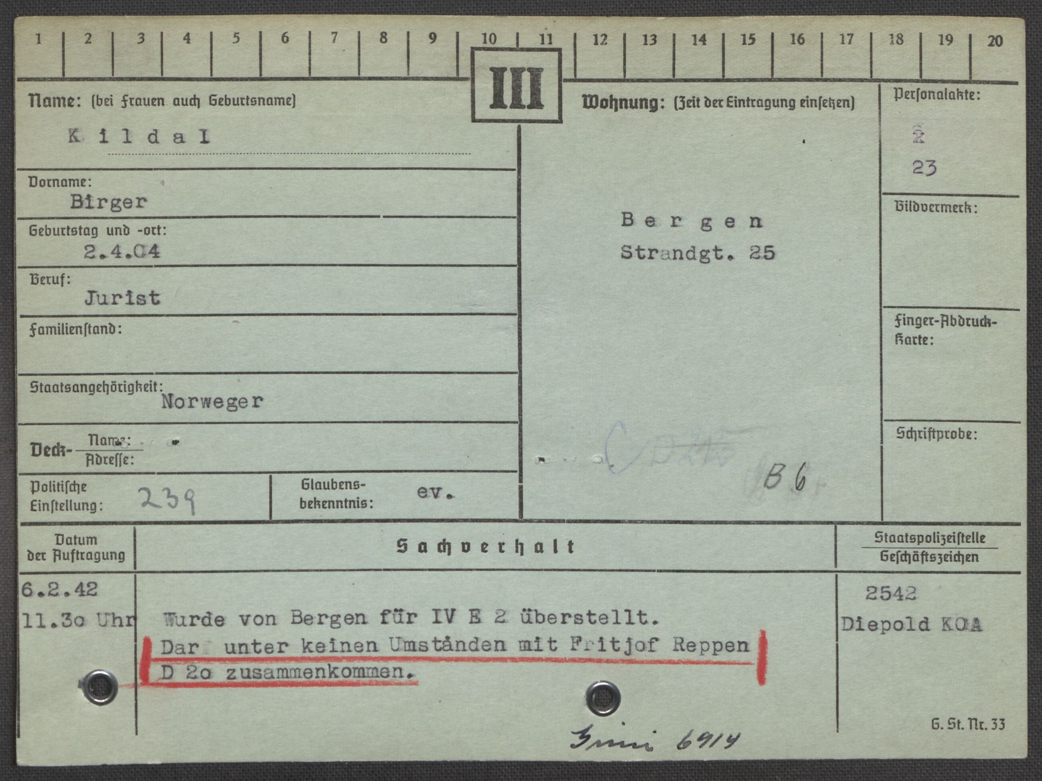 Befehlshaber der Sicherheitspolizei und des SD, AV/RA-RAFA-5969/E/Ea/Eaa/L0005: Register over norske fanger i Møllergata 19: Hø-Kj, 1940-1945, p. 1333