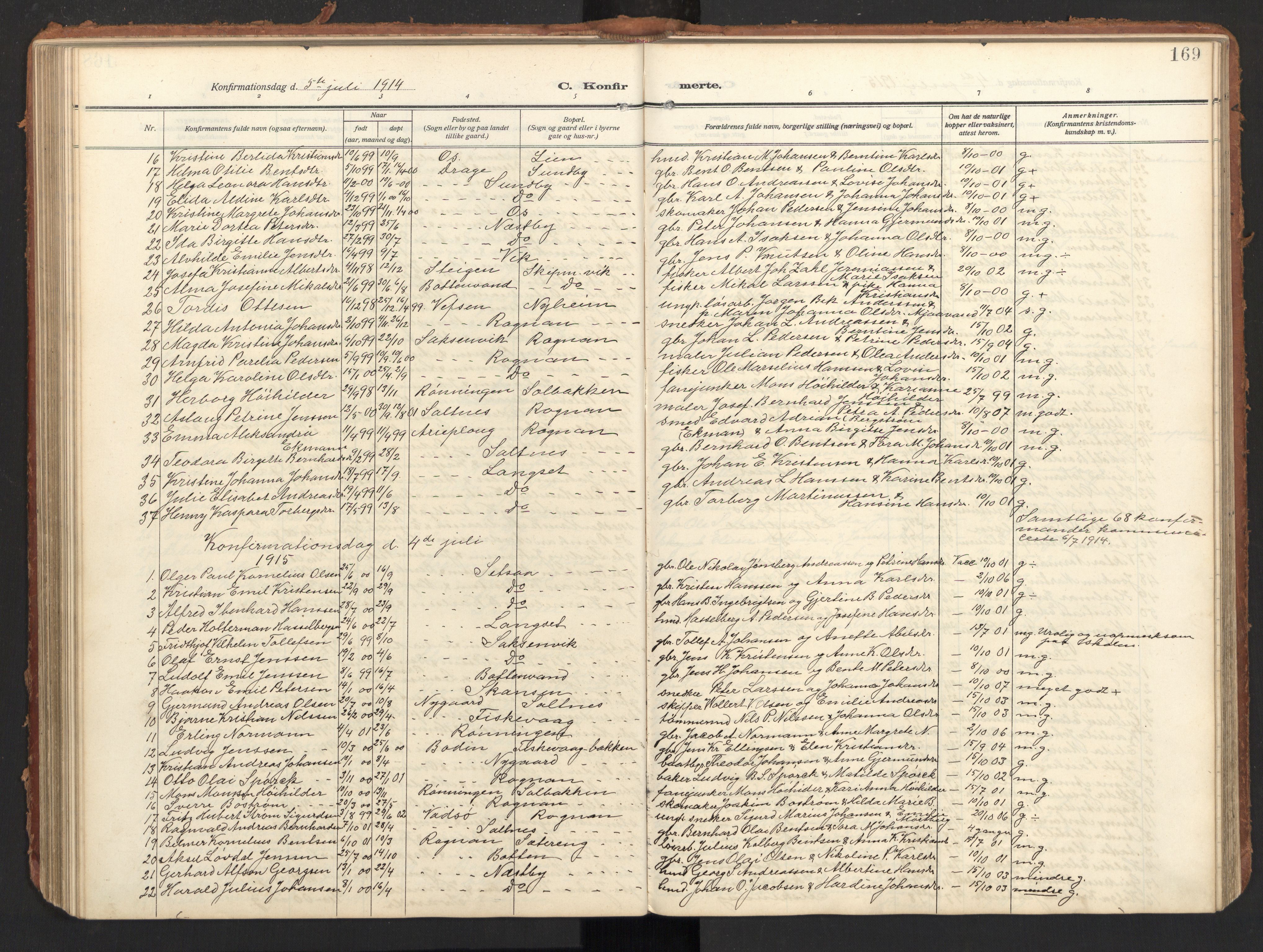 Ministerialprotokoller, klokkerbøker og fødselsregistre - Nordland, SAT/A-1459/847/L0683: Parish register (copy) no. 847C11, 1908-1929, p. 169