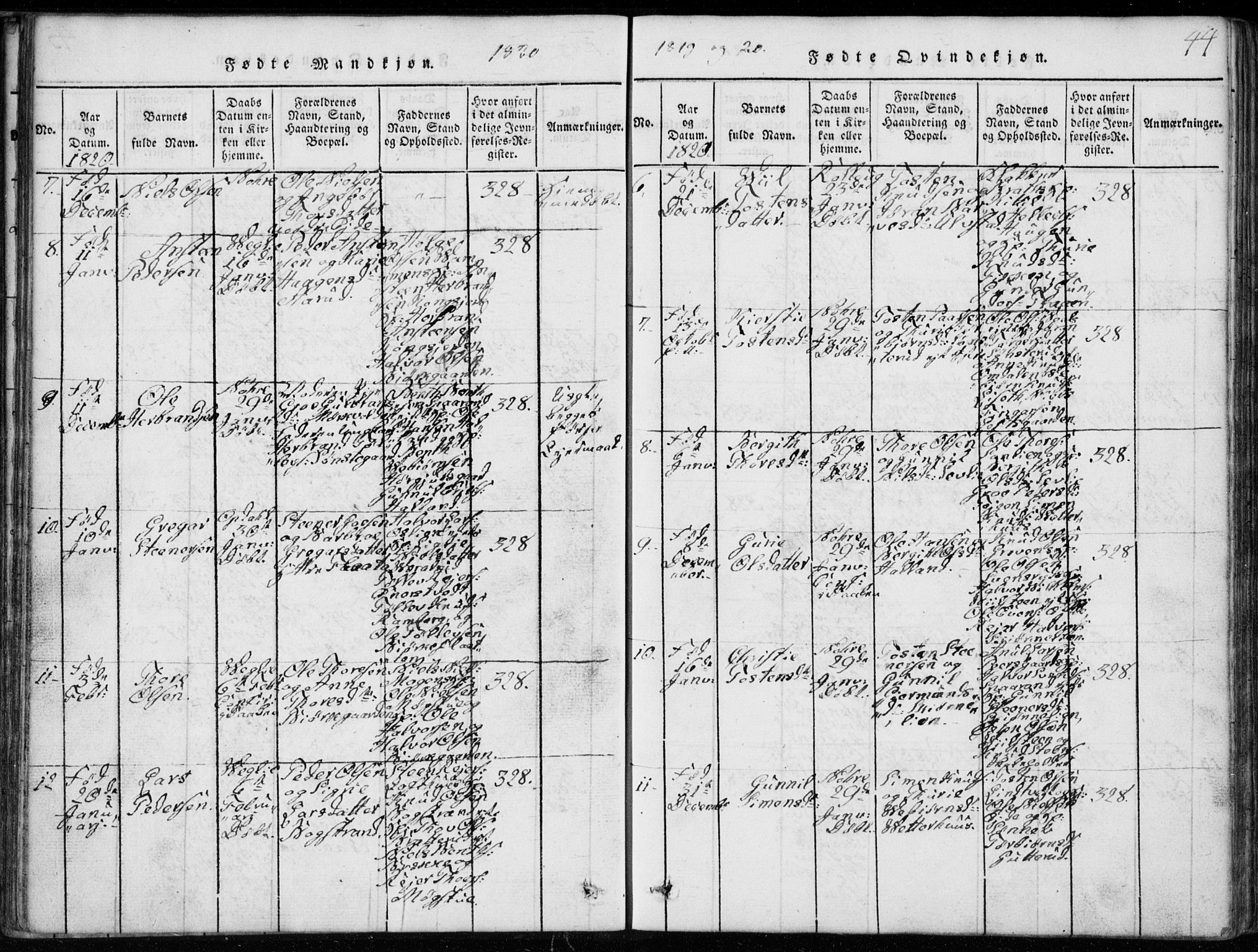 Rollag kirkebøker, SAKO/A-240/G/Ga/L0001: Parish register (copy) no. I 1, 1814-1831, p. 44