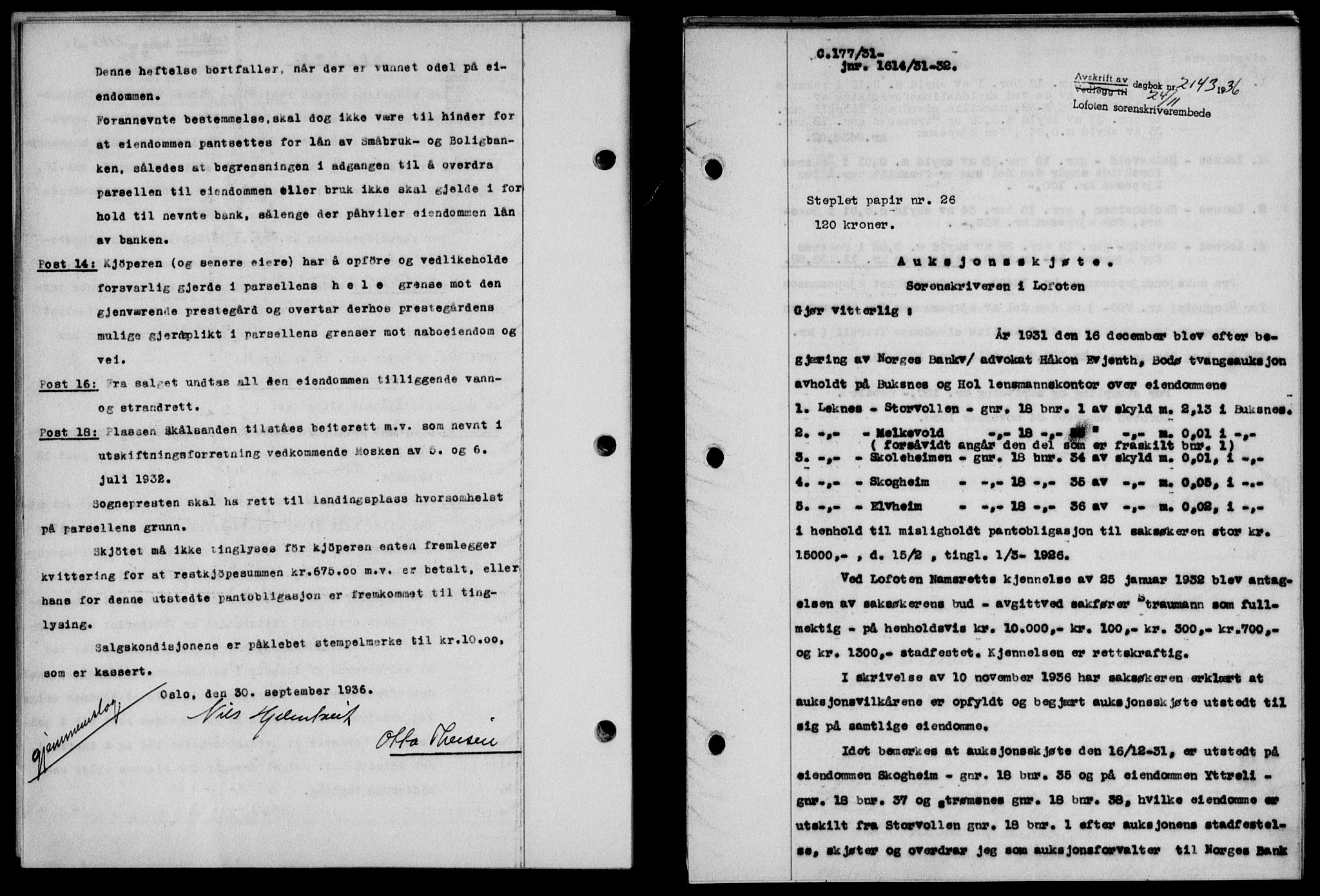 Lofoten sorenskriveri, SAT/A-0017/1/2/2C/L0001a: Mortgage book no. 1a, 1936-1937, Diary no: : 2143/1936