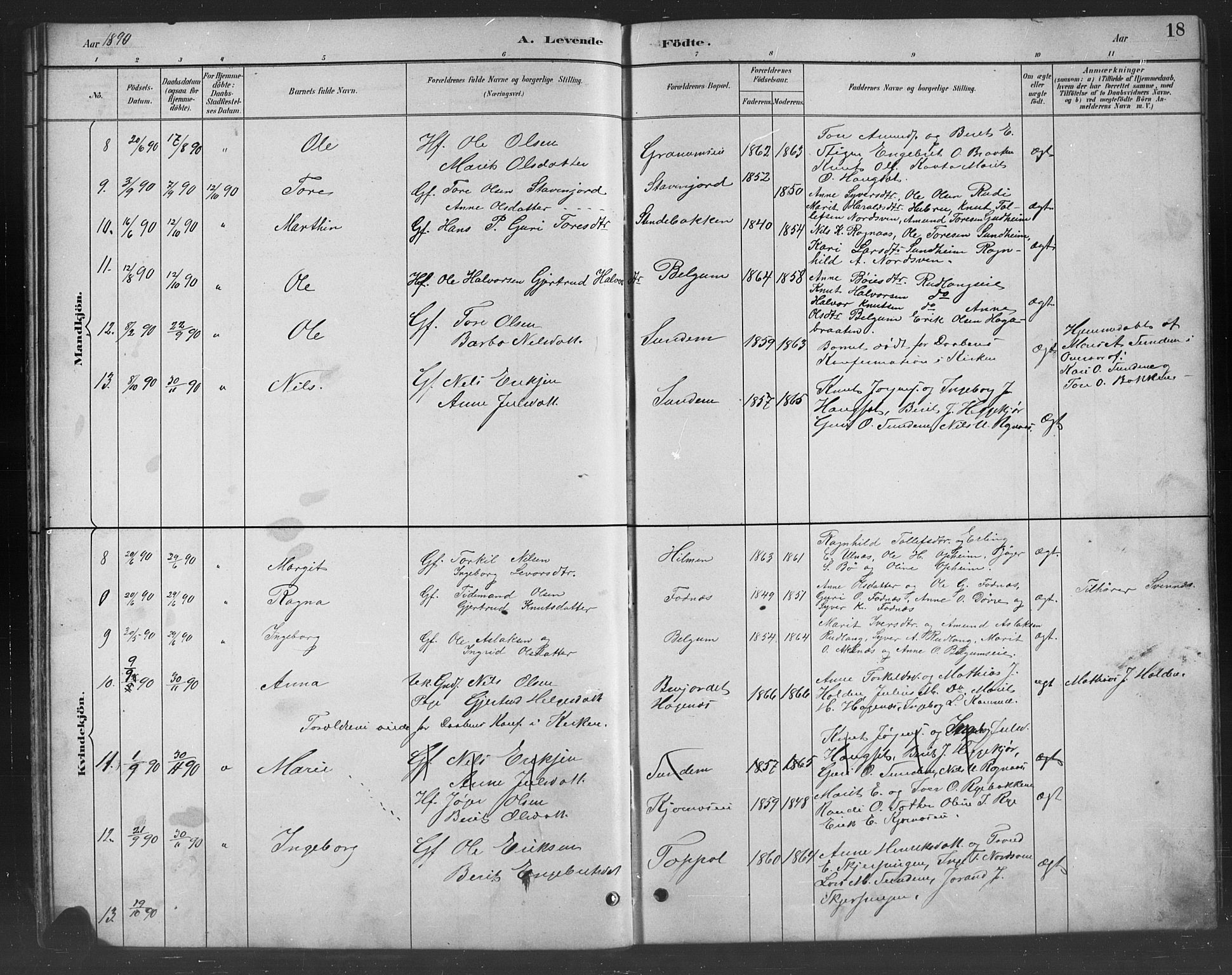 Nord-Aurdal prestekontor, AV/SAH-PREST-132/H/Ha/Hab/L0008: Parish register (copy) no. 8, 1883-1916, p. 18