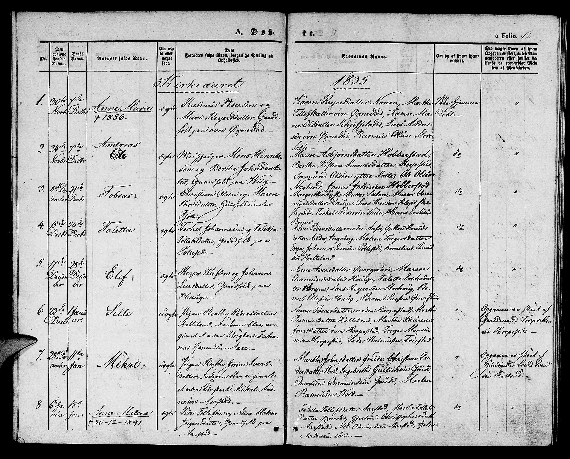 Klepp sokneprestkontor, SAST/A-101803/001/3/30BA/L0003: Parish register (official) no. A 3, 1833-1842, p. 12