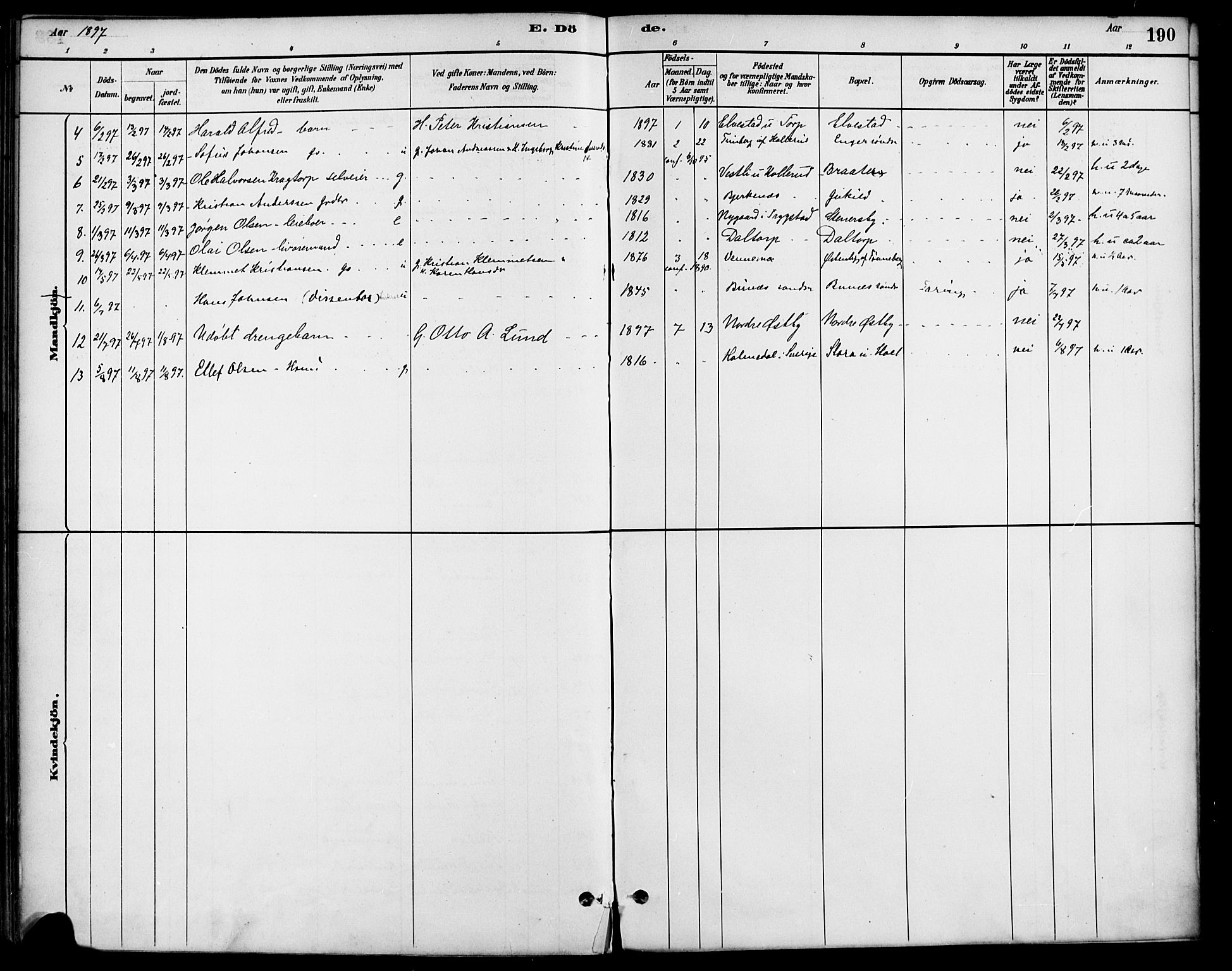 Høland prestekontor Kirkebøker, AV/SAO-A-10346a/F/Fb/L0001: Parish register (official) no. II 1, 1880-1897, p. 190