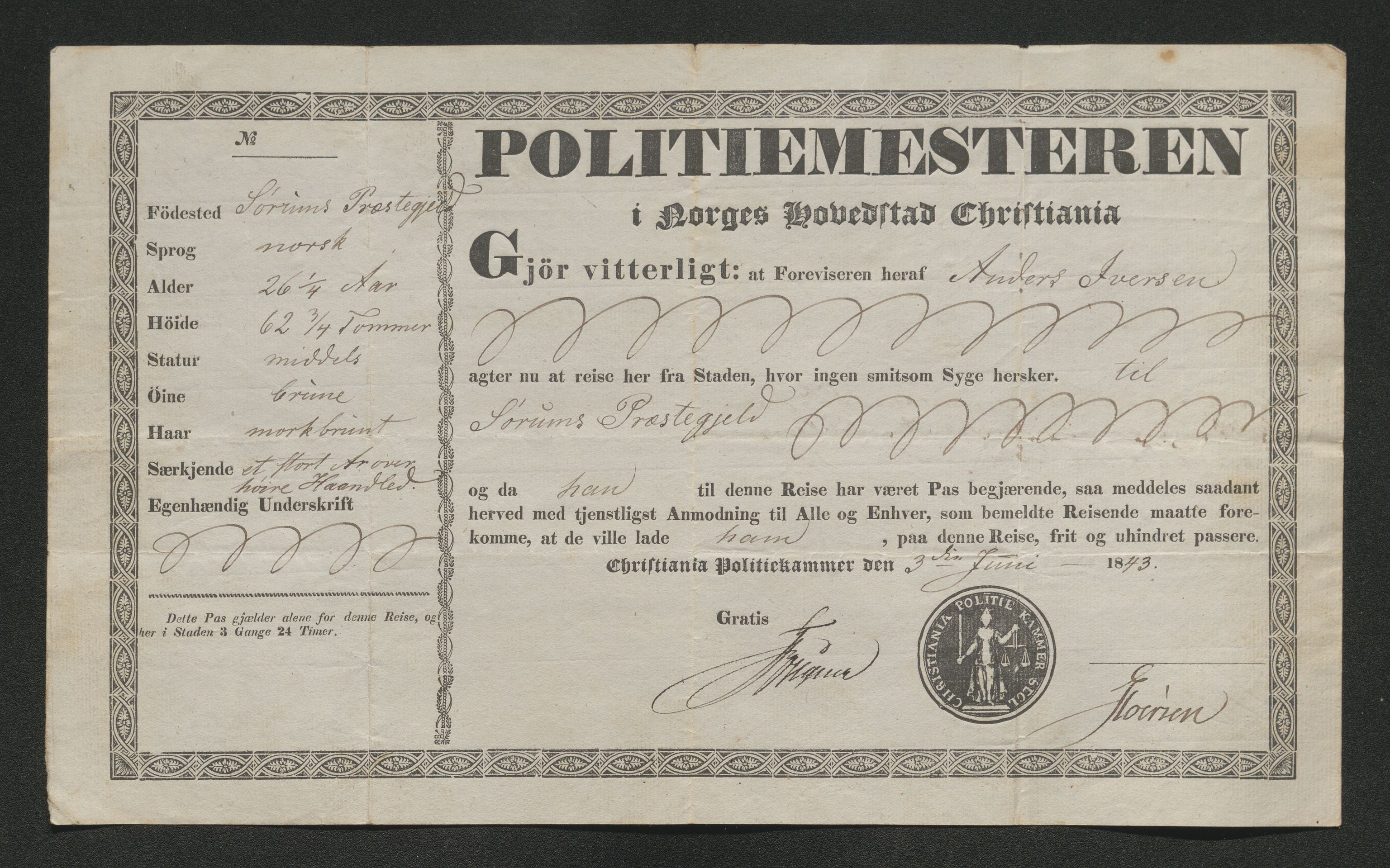 Drammen politikammer, SAKO/A-623/I/Ia/Iab/L0007: Innleverte pass, 1843-1844, p. 226