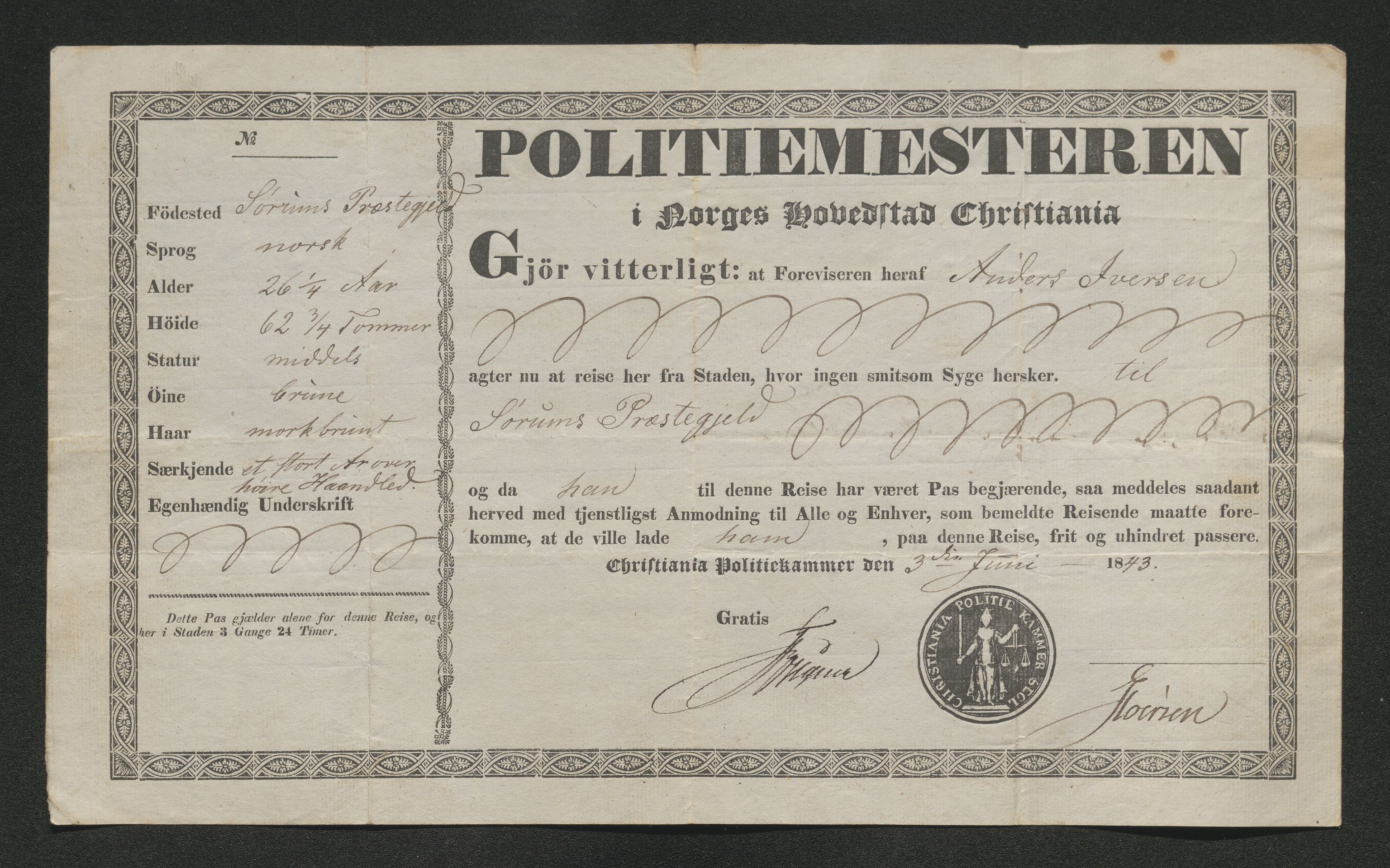 Drammen politikammer, AV/SAKO-A-623/I/Ia/Iab/L0007: Innleverte pass, 1843-1844, p. 226