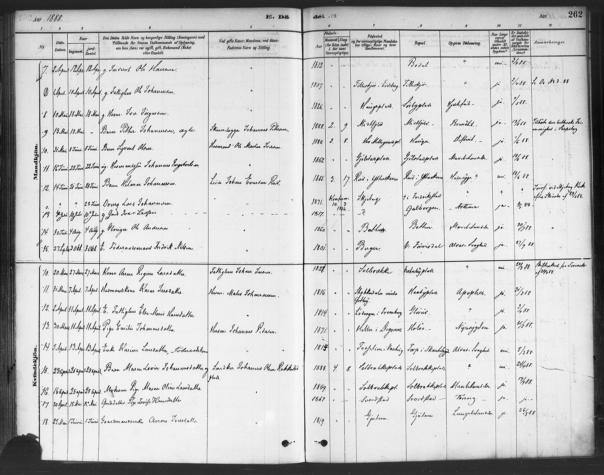 Rakkestad prestekontor Kirkebøker, AV/SAO-A-2008/F/Fa/L0012: Parish register (official) no. I 12, 1878-1893, p. 262