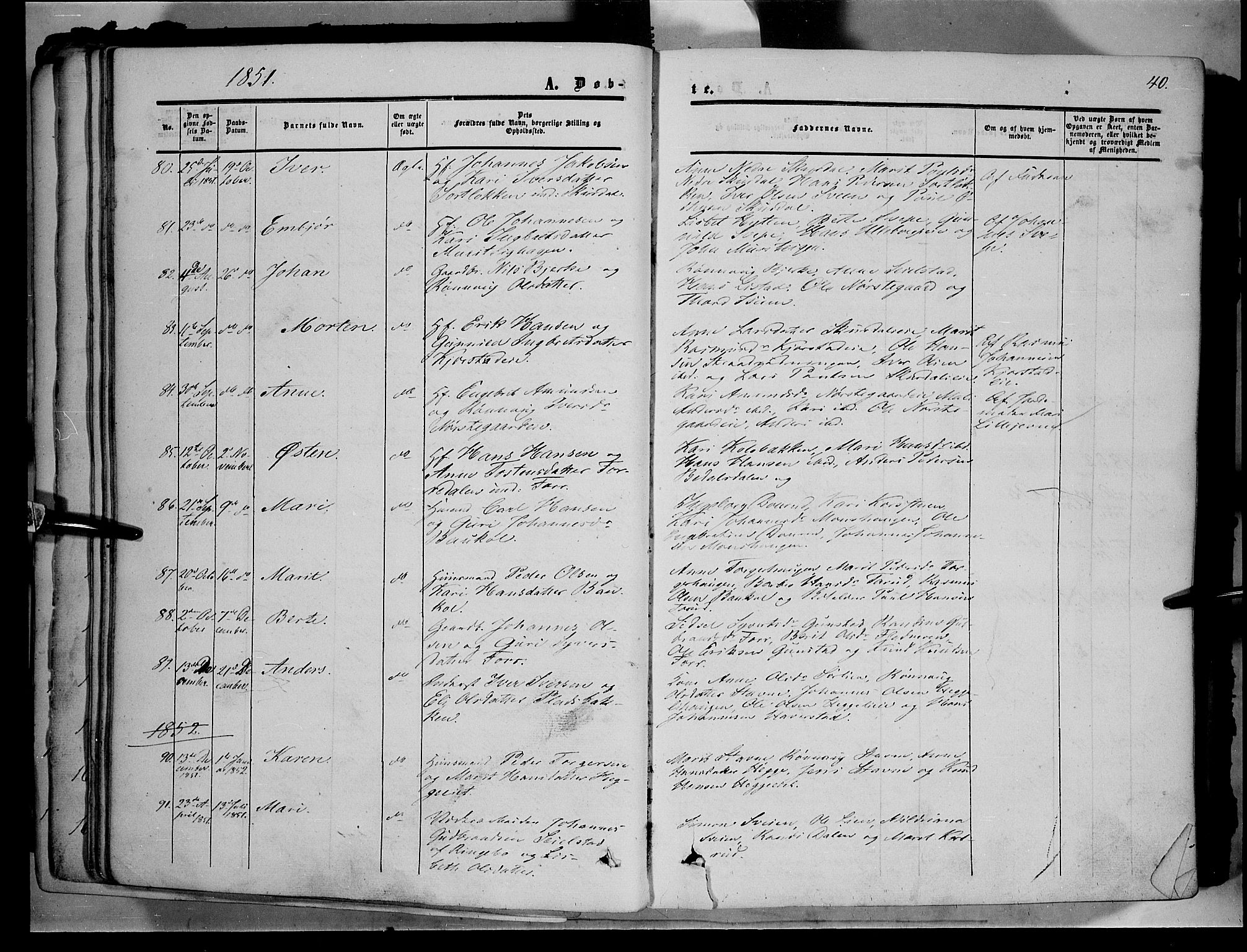 Sør-Fron prestekontor, SAH/PREST-010/H/Ha/Haa/L0001: Parish register (official) no. 1, 1849-1863, p. 40