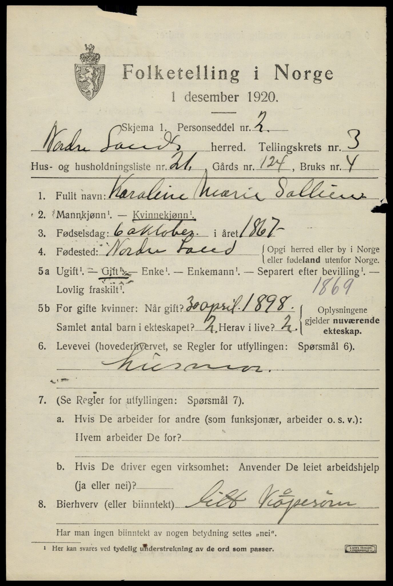 SAH, 1920 census for Nordre Land, 1920, p. 2457