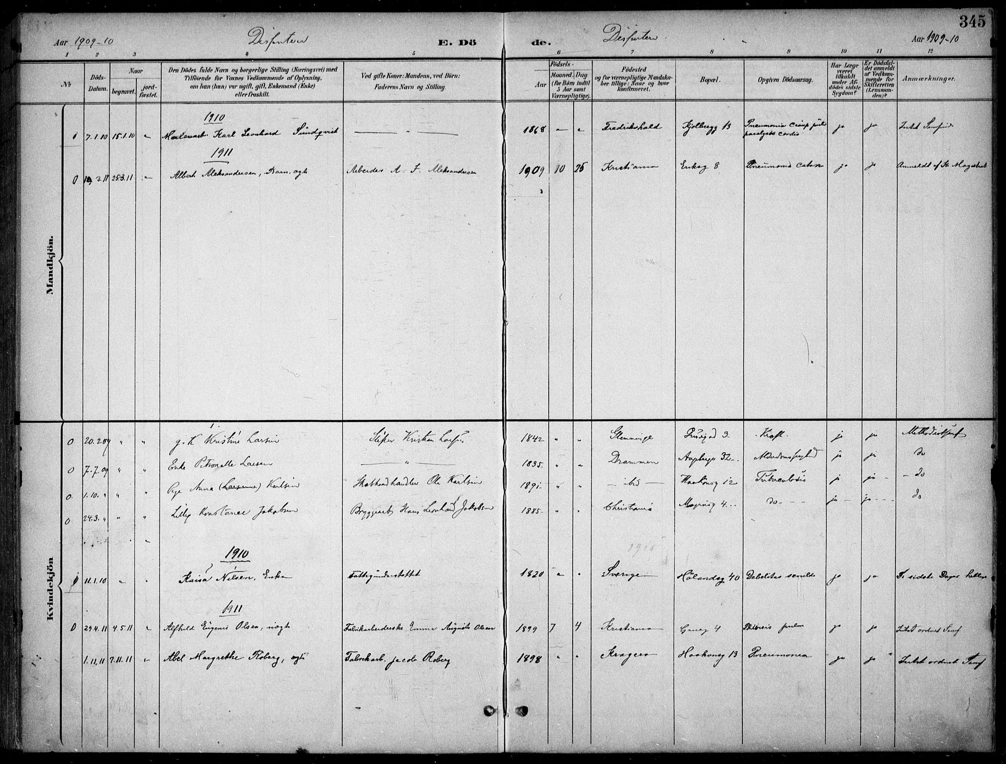 Kampen prestekontor Kirkebøker, SAO/A-10853/F/Fa/L0009: Parish register (official) no. I 9, 1899-1911, p. 345