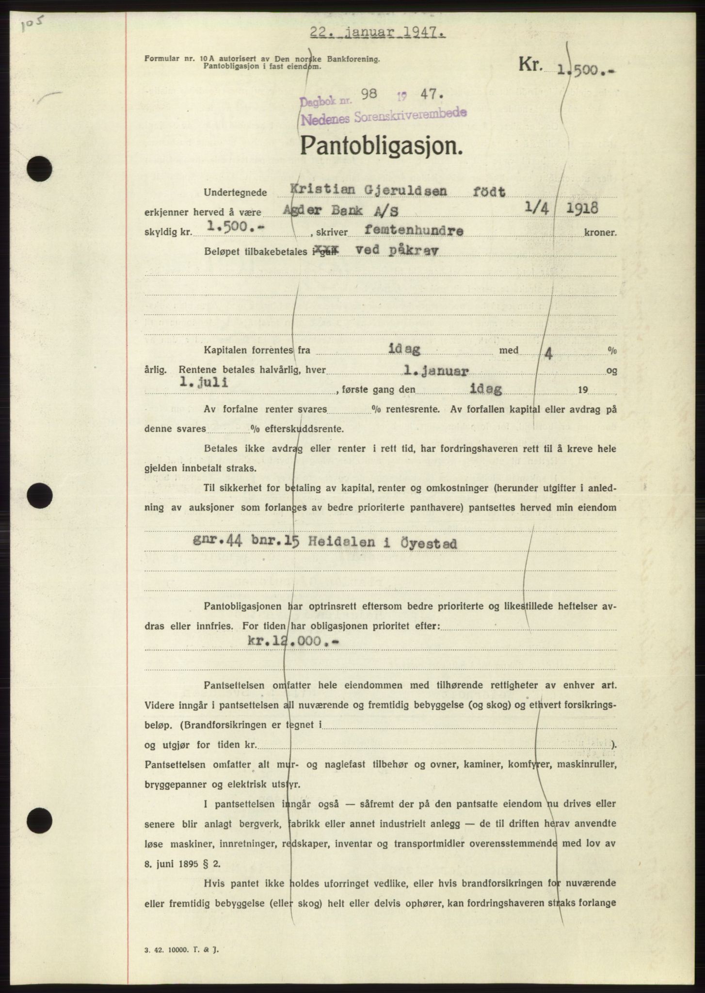 Nedenes sorenskriveri, AV/SAK-1221-0006/G/Gb/Gbb/L0004: Mortgage book no. B4, 1947-1947, Diary no: : 98/1947