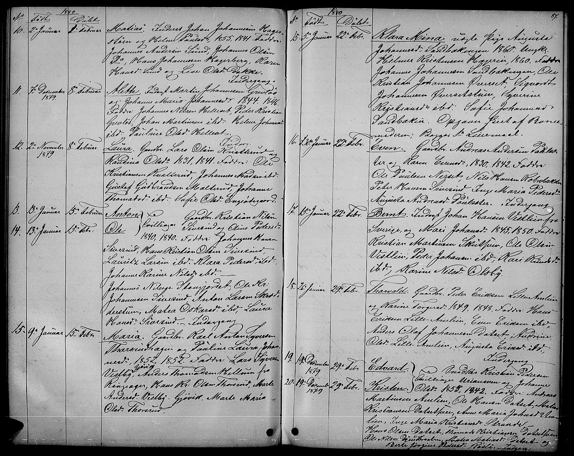 Vestre Toten prestekontor, SAH/PREST-108/H/Ha/Hab/L0006: Parish register (copy) no. 6, 1870-1887, p. 87