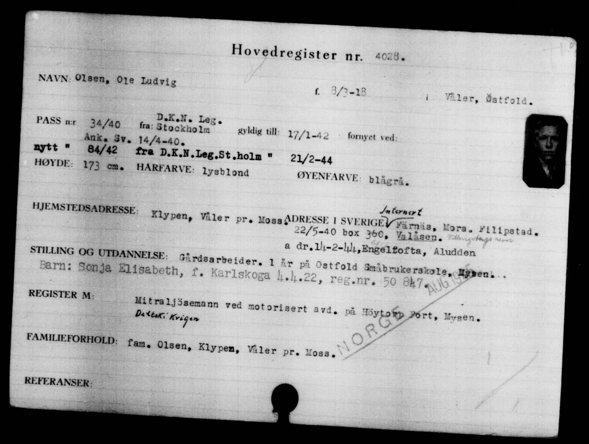 Utenriksstasjonene, Legasjonen i Stockholm, Flyktningkontoret, AV/RA-S-6753/V/Va/L0004: Kjesäterkartoteket, flyktninger med registreringsnr. 3496-6610, 1940-1945, p. 621
