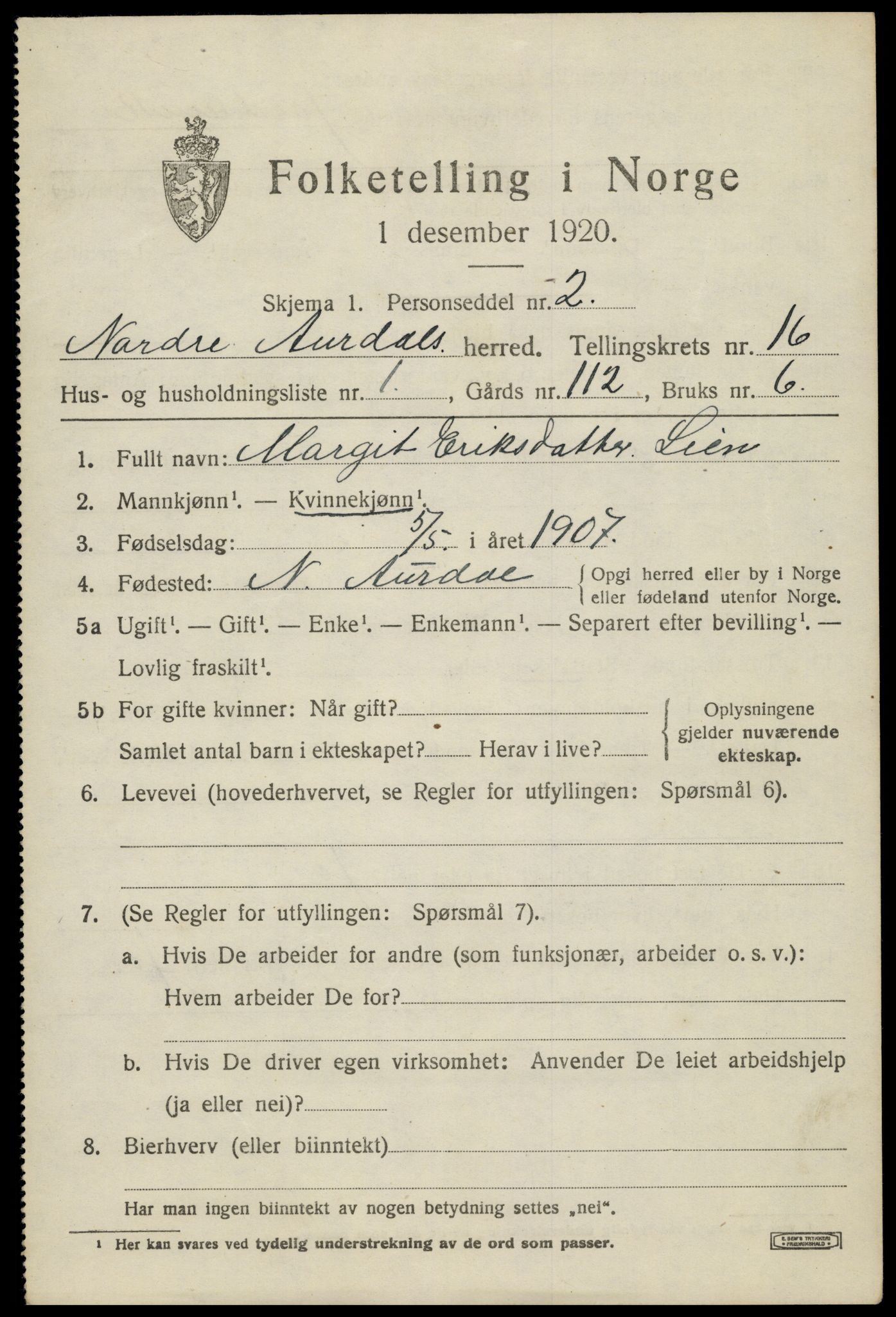 SAH, 1920 census for Nord-Aurdal, 1920, p. 11738