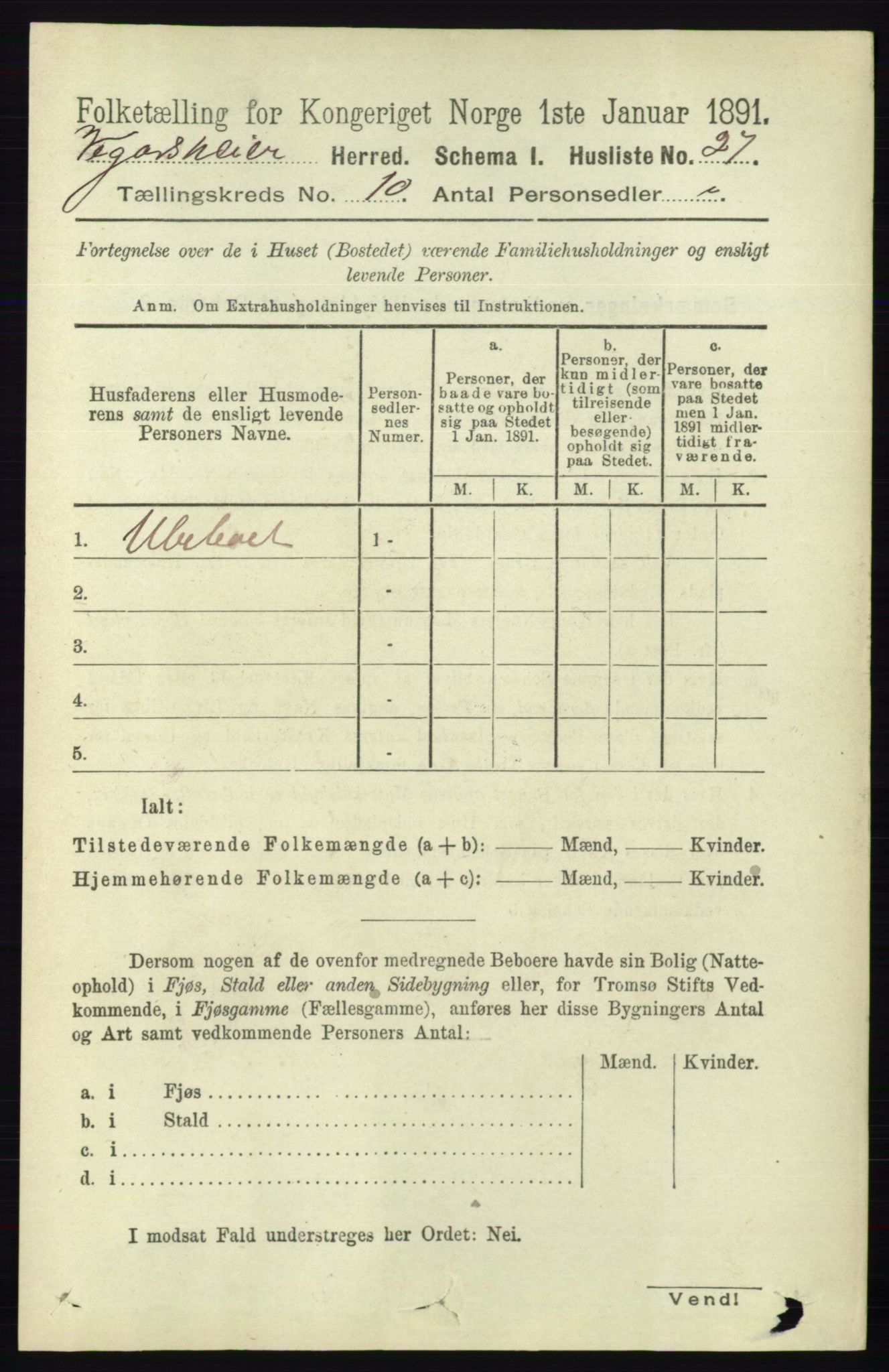 RA, 1891 census for 0912 Vegårshei, 1891, p. 1905