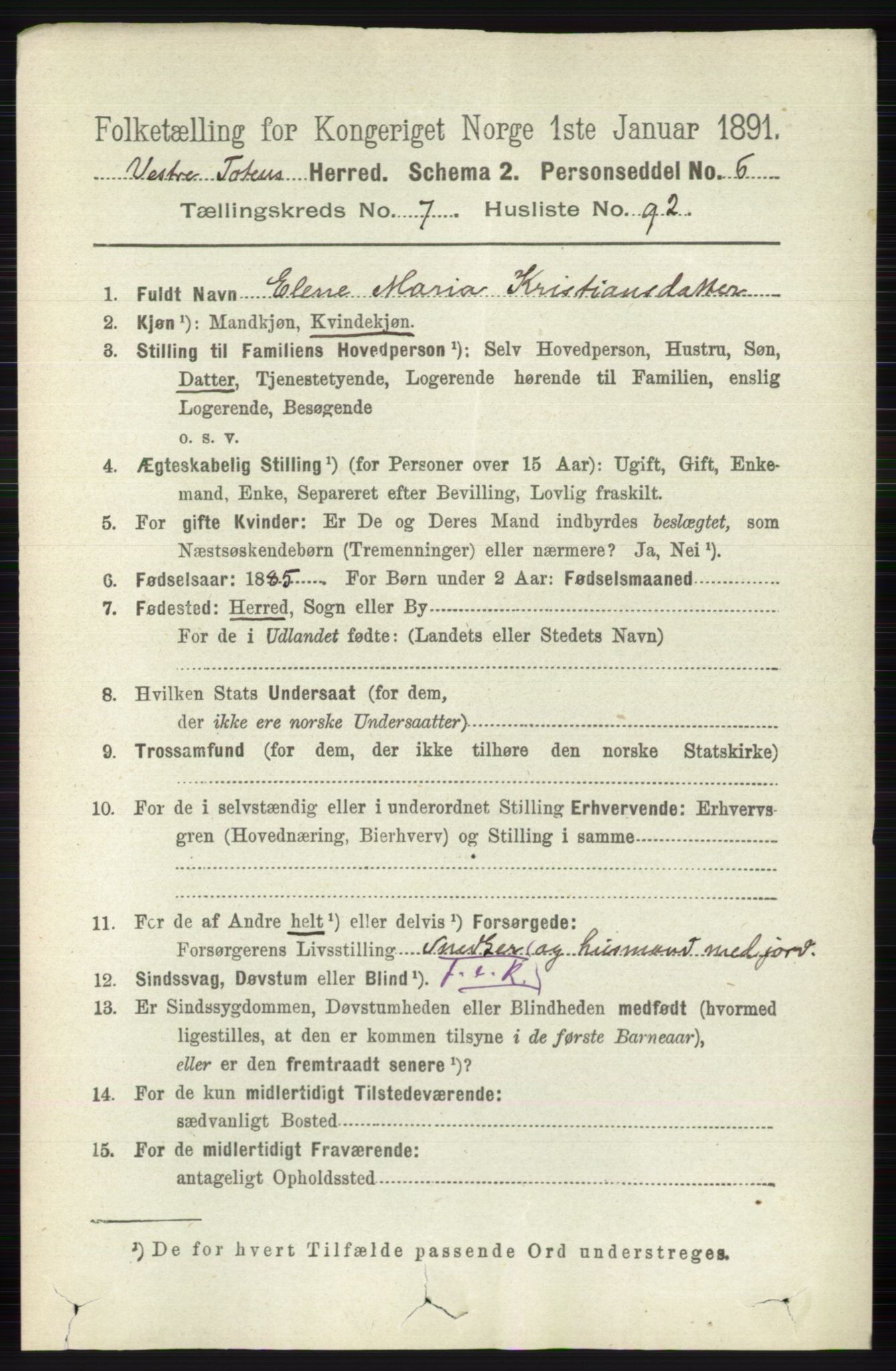 RA, 1891 census for 0529 Vestre Toten, 1891, p. 4907