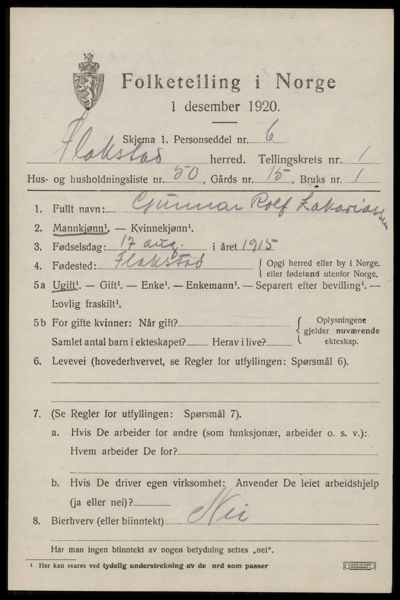 SAT, 1920 census for Flakstad, 1920, p. 1211