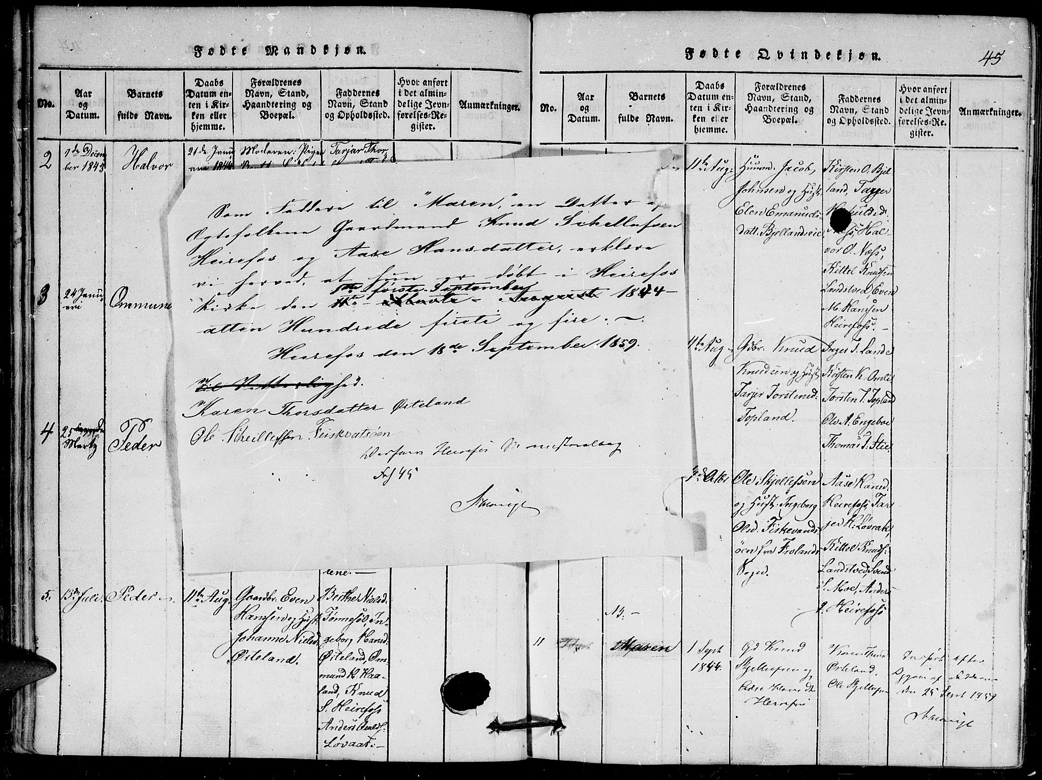 Herefoss sokneprestkontor, SAK/1111-0019/F/Fa/Faa/L0001: Parish register (official) no. A 1, 1816-1860, p. 45