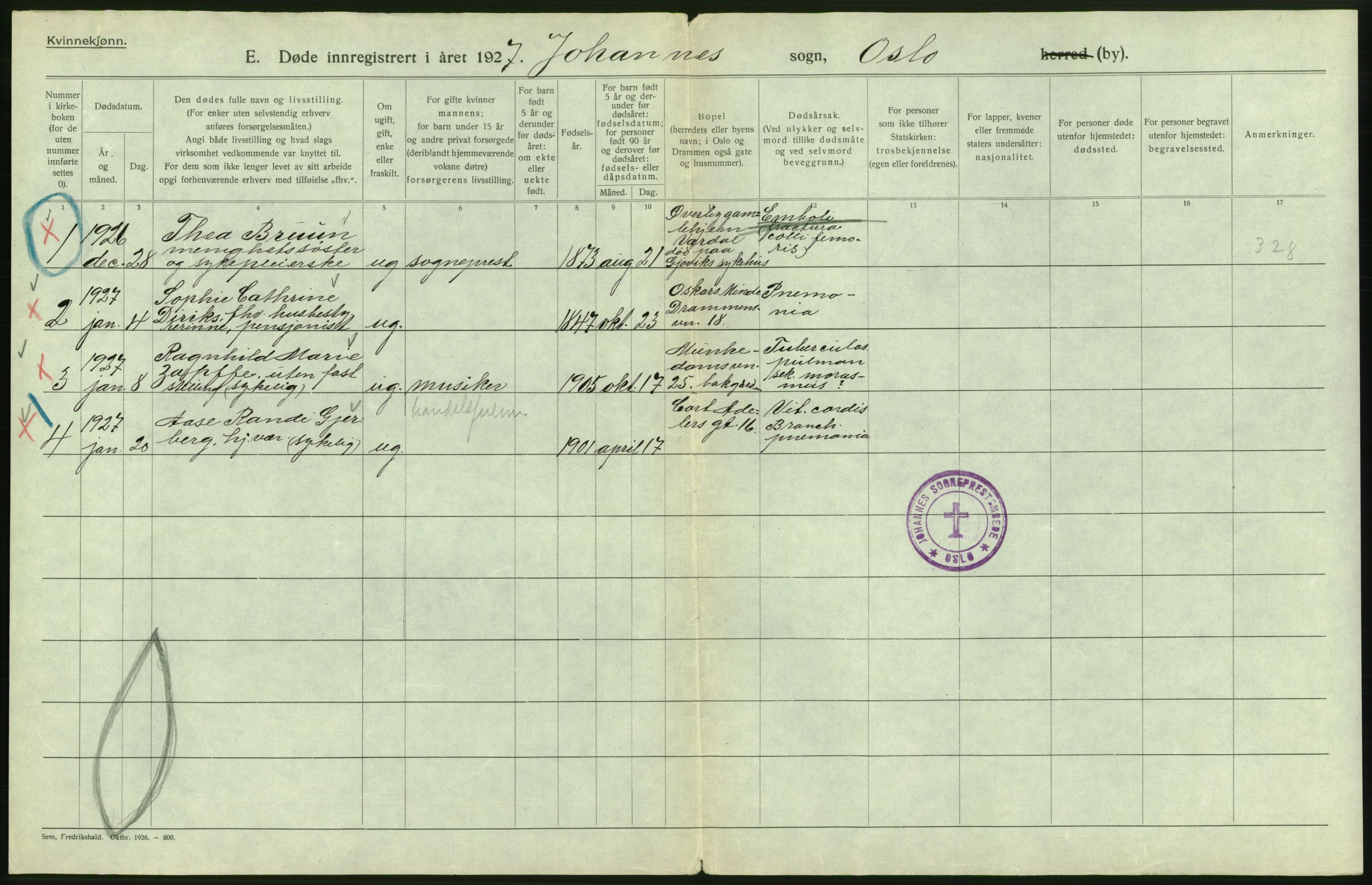 Statistisk sentralbyrå, Sosiodemografiske emner, Befolkning, AV/RA-S-2228/D/Df/Dfc/Dfcg/L0010: Oslo: Døde kvinner, dødfødte, 1927, p. 216