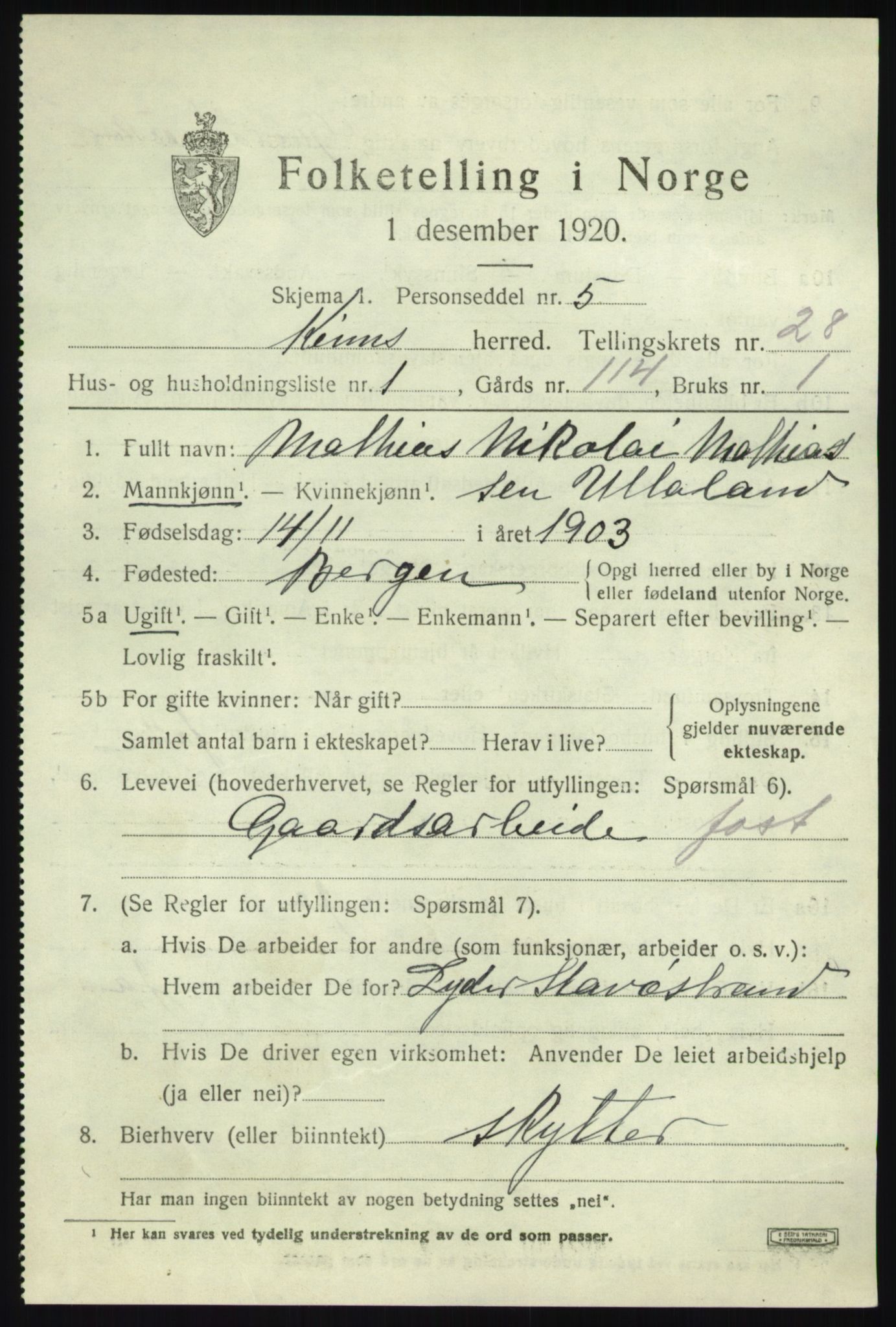 SAB, 1920 census for Kinn, 1920, p. 9561