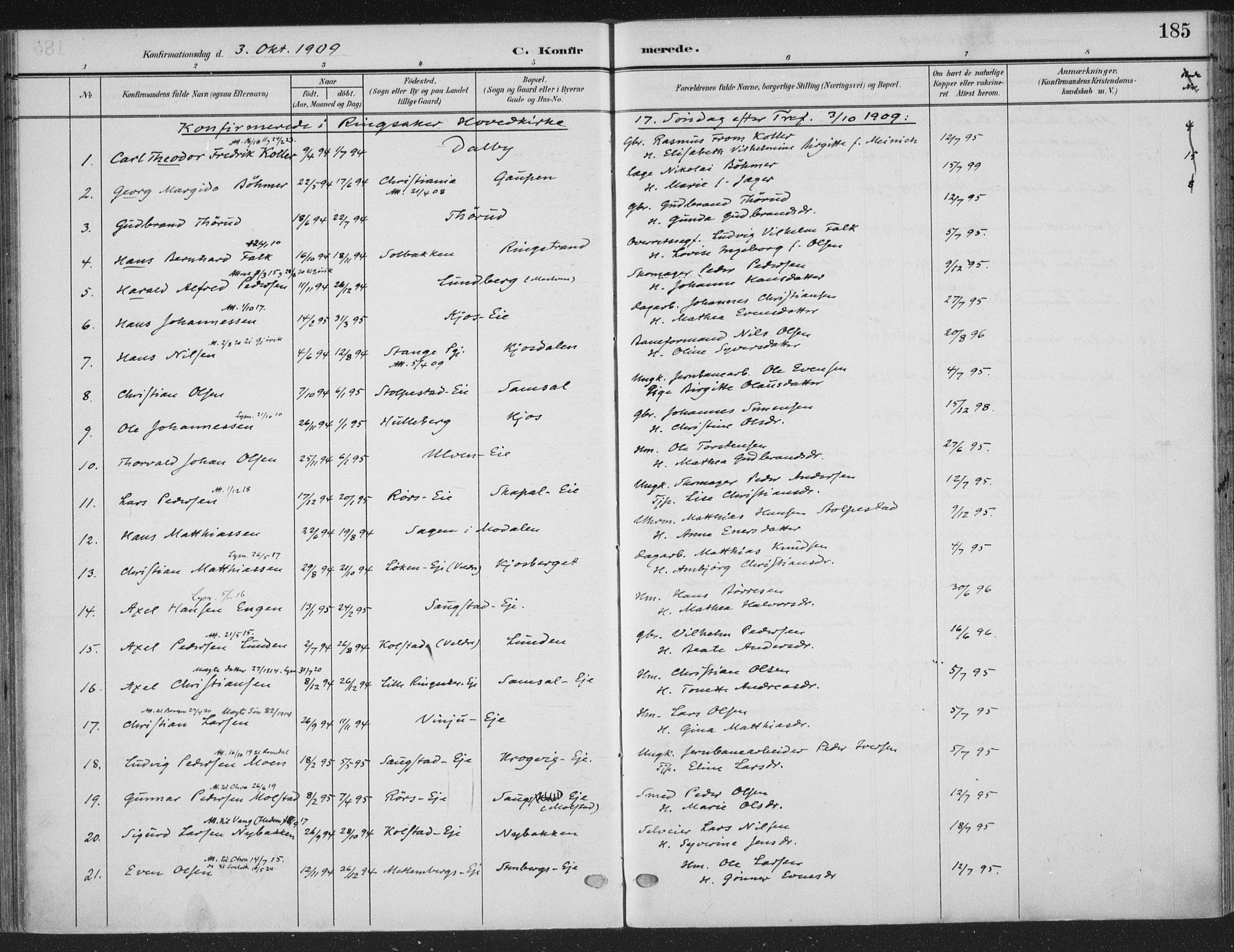 Ringsaker prestekontor, SAH/PREST-014/K/Ka/L0018: Parish register (official) no. 18, 1903-1912, p. 185