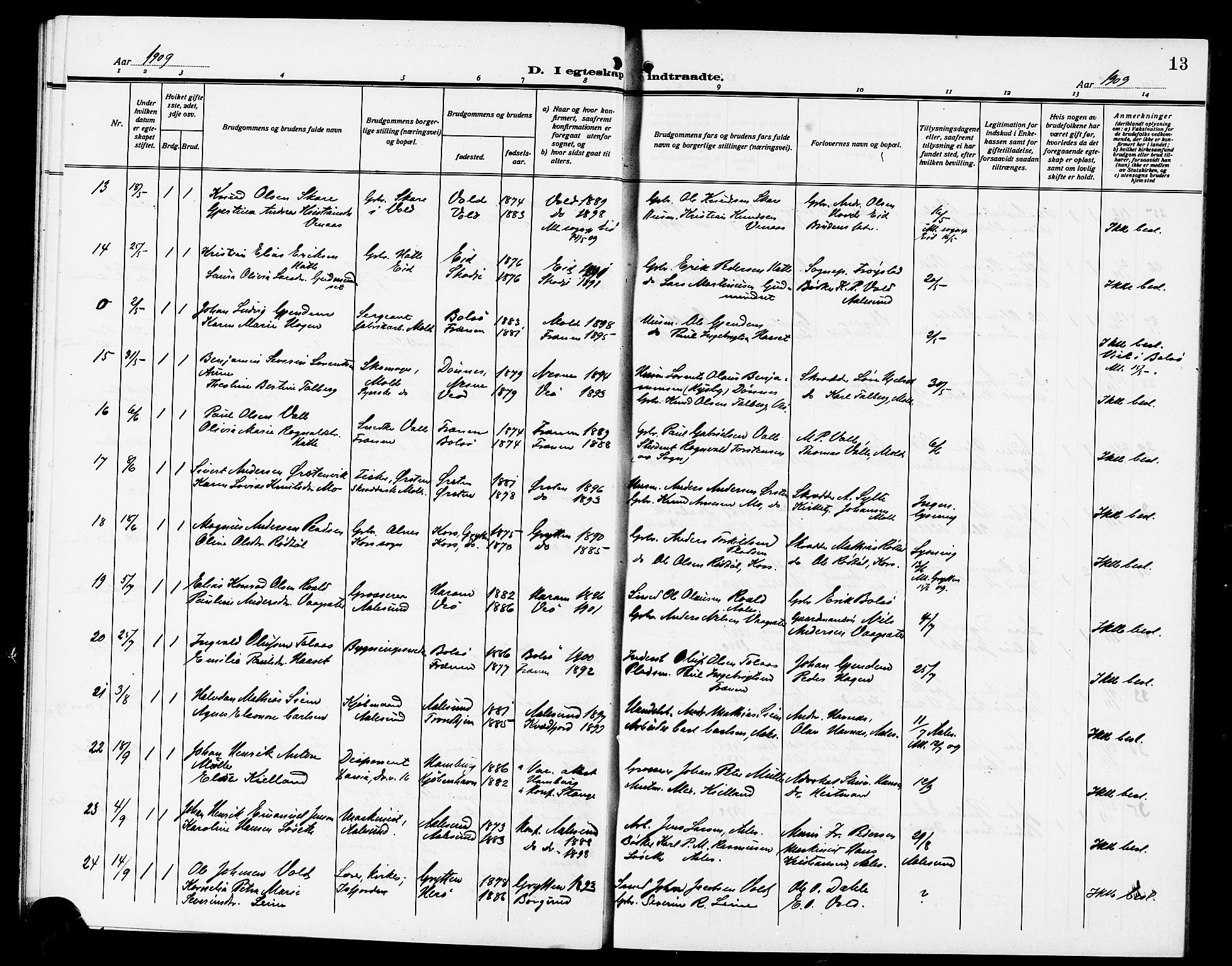 Ministerialprotokoller, klokkerbøker og fødselsregistre - Møre og Romsdal, SAT/A-1454/558/L0703: Parish register (copy) no. 558C04, 1906-1921, p. 13