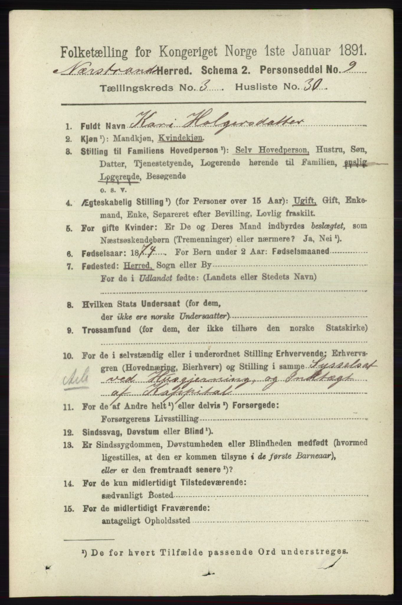 RA, 1891 census for 1139 Nedstrand, 1891, p. 616