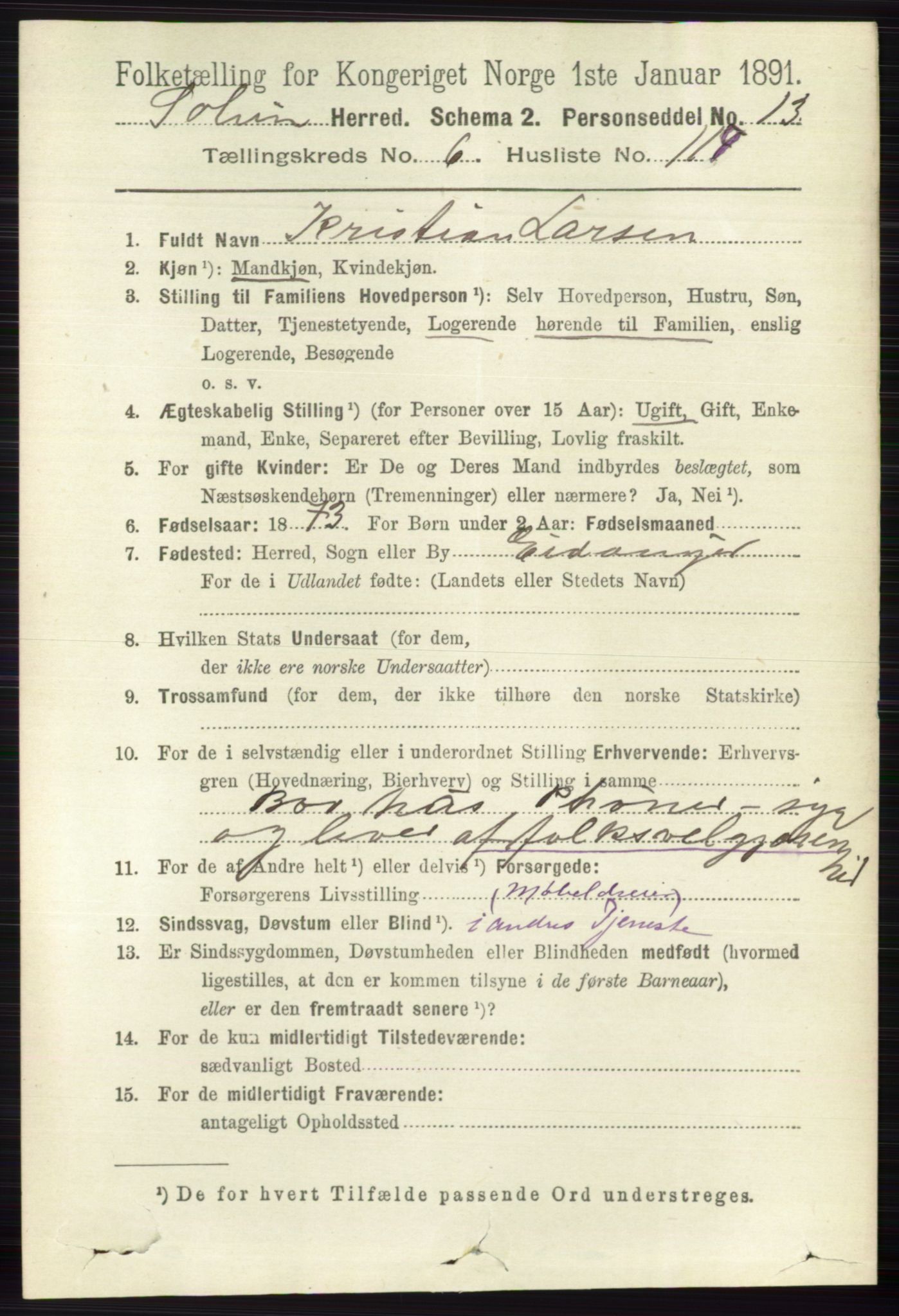 RA, 1891 census for 0818 Solum, 1891, p. 1855