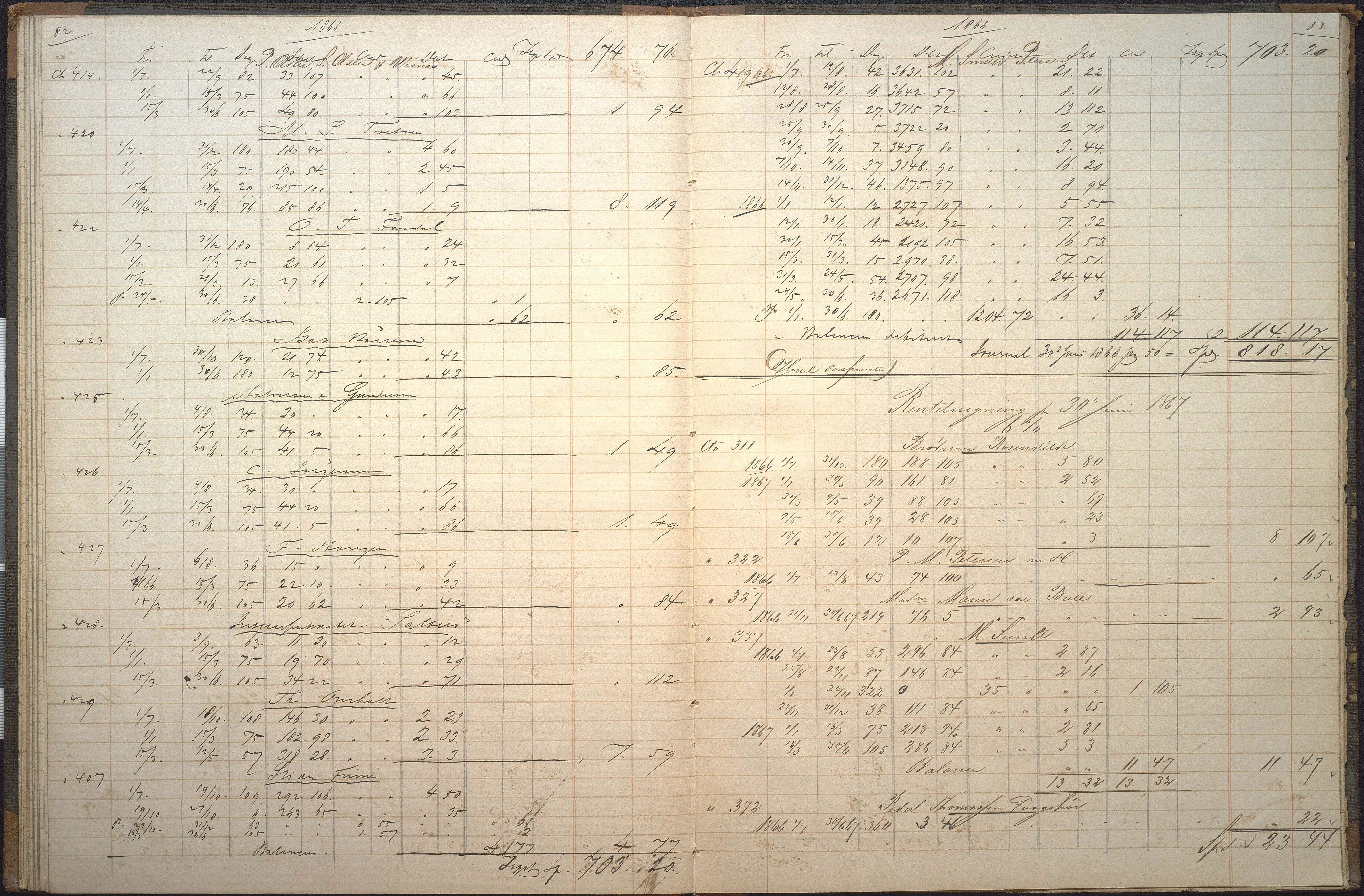 Agders Gjensidige Assuranceforening, AAKS/PA-1718/05/L0006: Renteprotokoll, seilavdeling, 1861-1867, p. 82-83