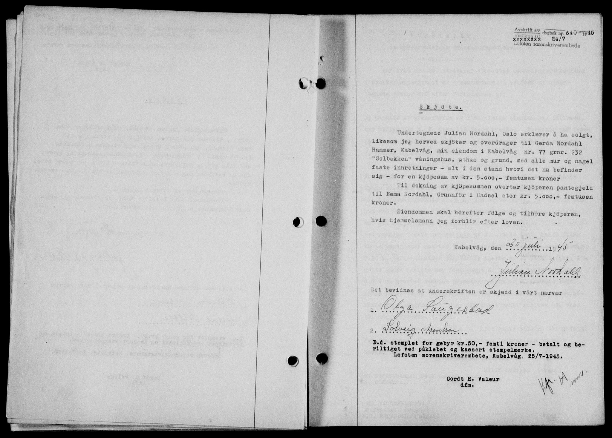 Lofoten sorenskriveri, SAT/A-0017/1/2/2C/L0013a: Mortgage book no. 13a, 1944-1946, Diary no: : 640/1945