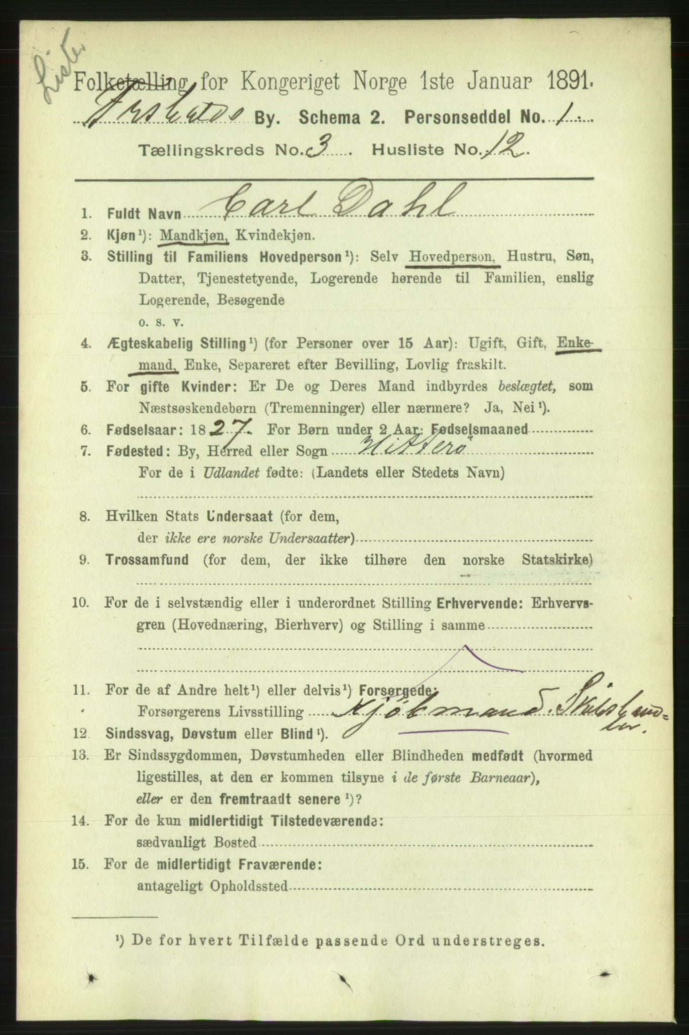 RA, 1891 census for 0101 Fredrikshald, 1891, p. 3394