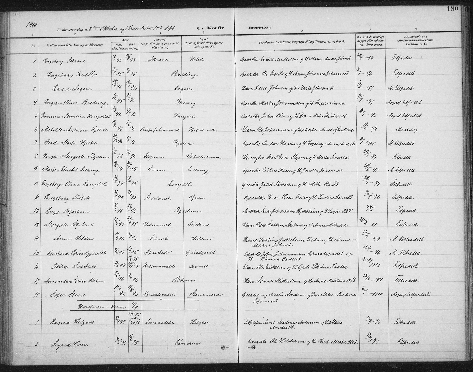 Ministerialprotokoller, klokkerbøker og fødselsregistre - Nord-Trøndelag, AV/SAT-A-1458/724/L0269: Parish register (copy) no. 724C05, 1899-1920, p. 180