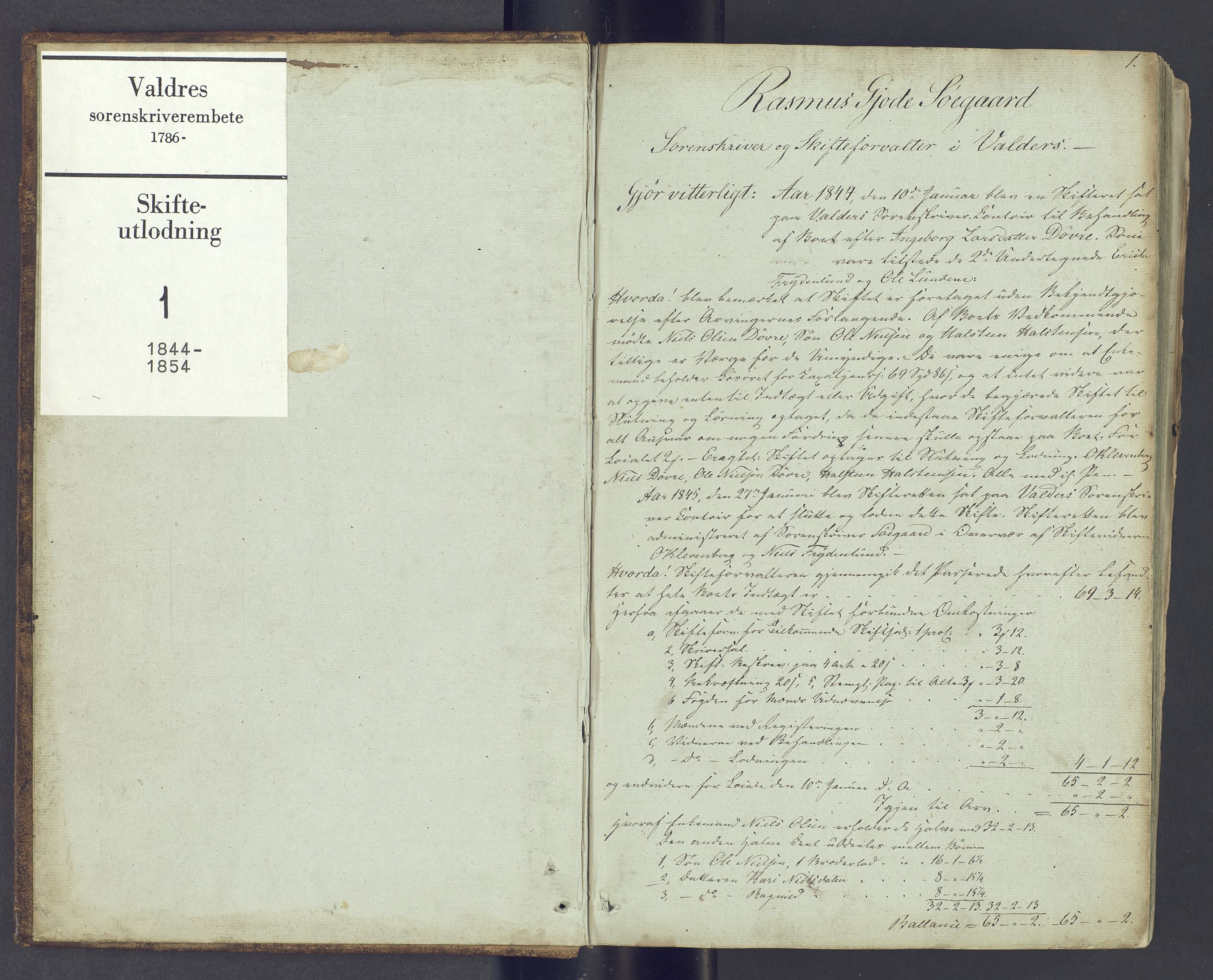 Valdres sorenskriveri, SAH/TING-016/J/Ja/Jac/L0001: Skifteutlodningsprotokoll, 1844-1854, p. 1