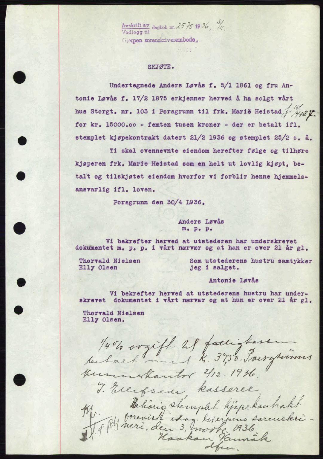 Gjerpen sorenskriveri, SAKO/A-216/G/Ga/Gae/L0067: Mortgage book no. A-66 - A-68, 1936-1937, Diary no: : 2575/1936