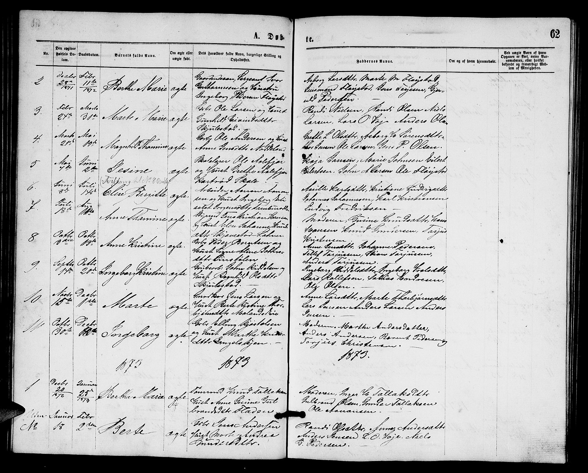 Austre Moland sokneprestkontor, SAK/1111-0001/F/Fb/Fba/L0002: Parish register (copy) no. B 2, 1869-1879, p. 62