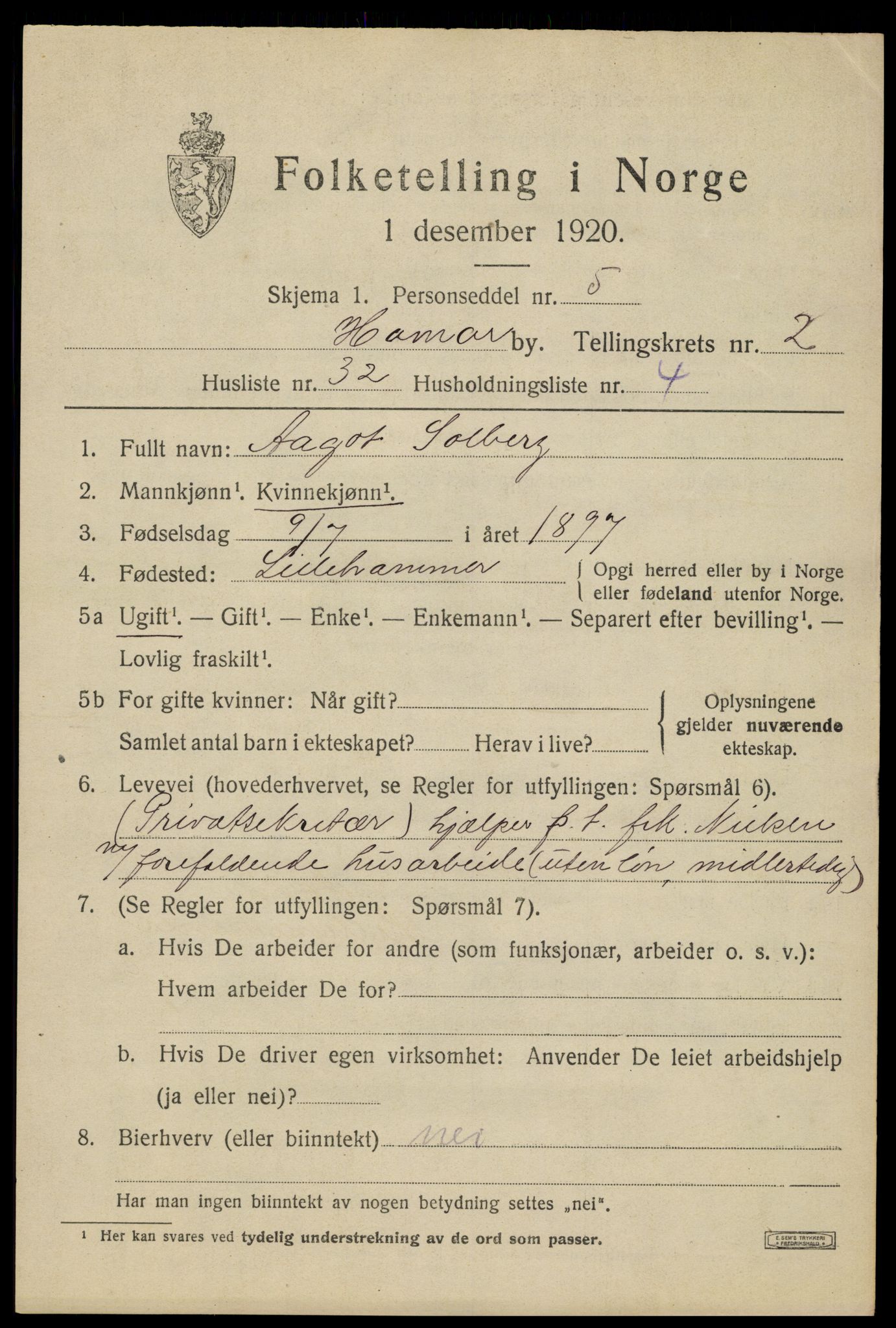 SAH, 1920 census for Hamar, 1920, p. 6761