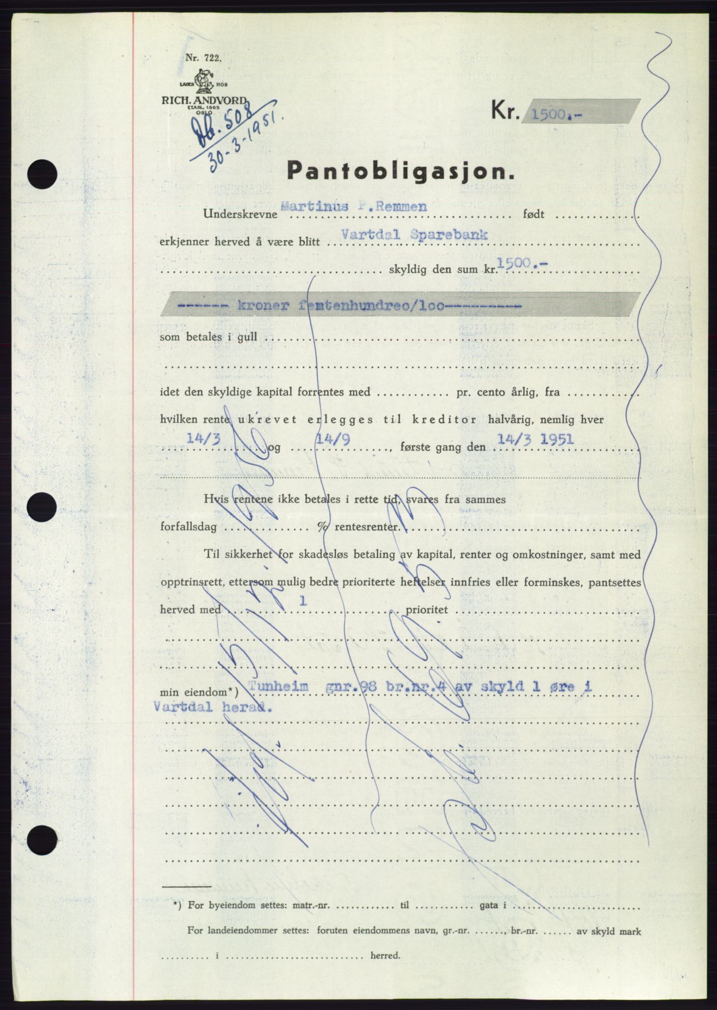 Søre Sunnmøre sorenskriveri, AV/SAT-A-4122/1/2/2C/L0119: Mortgage book no. 7B, 1950-1951, Diary no: : 508/1951