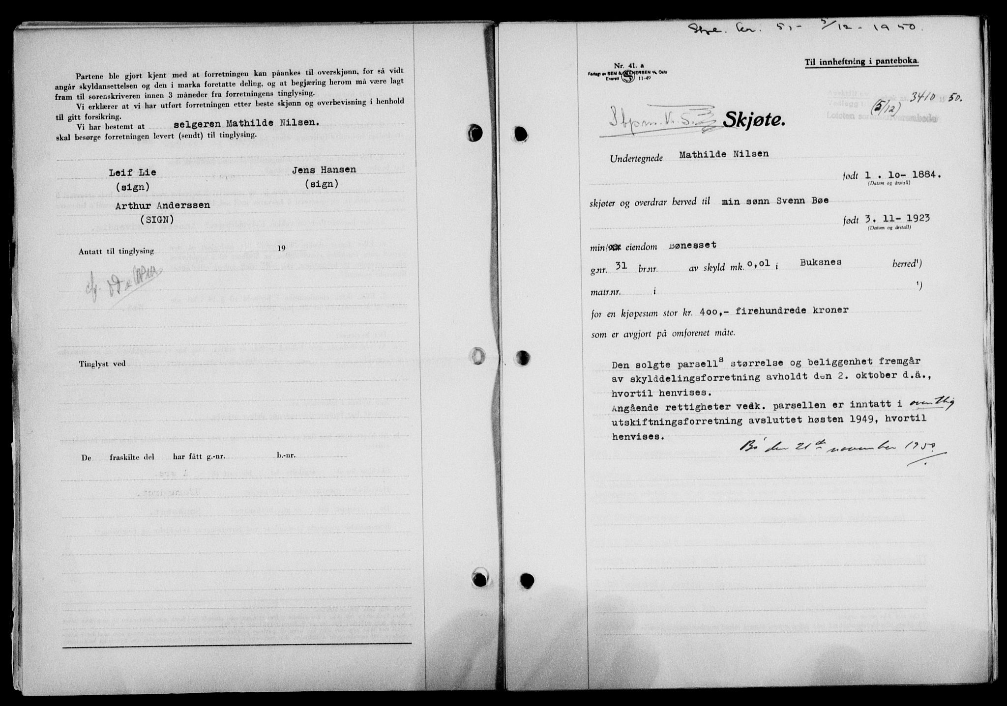 Lofoten sorenskriveri, SAT/A-0017/1/2/2C/L0025a: Mortgage book no. 25a, 1950-1951, Diary no: : 3410/1950