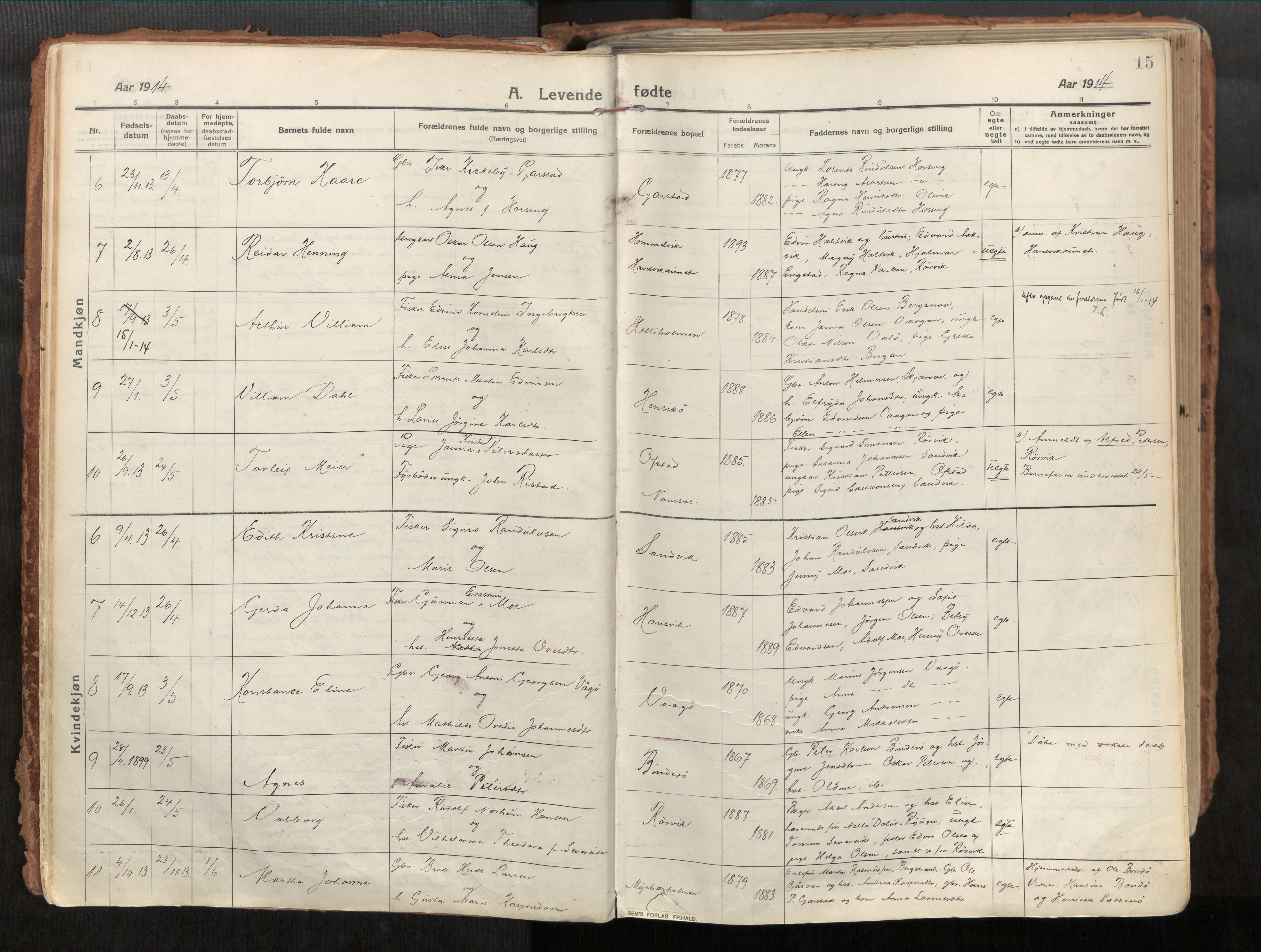 Vikna sokneprestkontor, AV/SAT-A-1173/1/I/I1/I1a/L0001: Parish register (official) no. 1, 1913-1934, p. 15