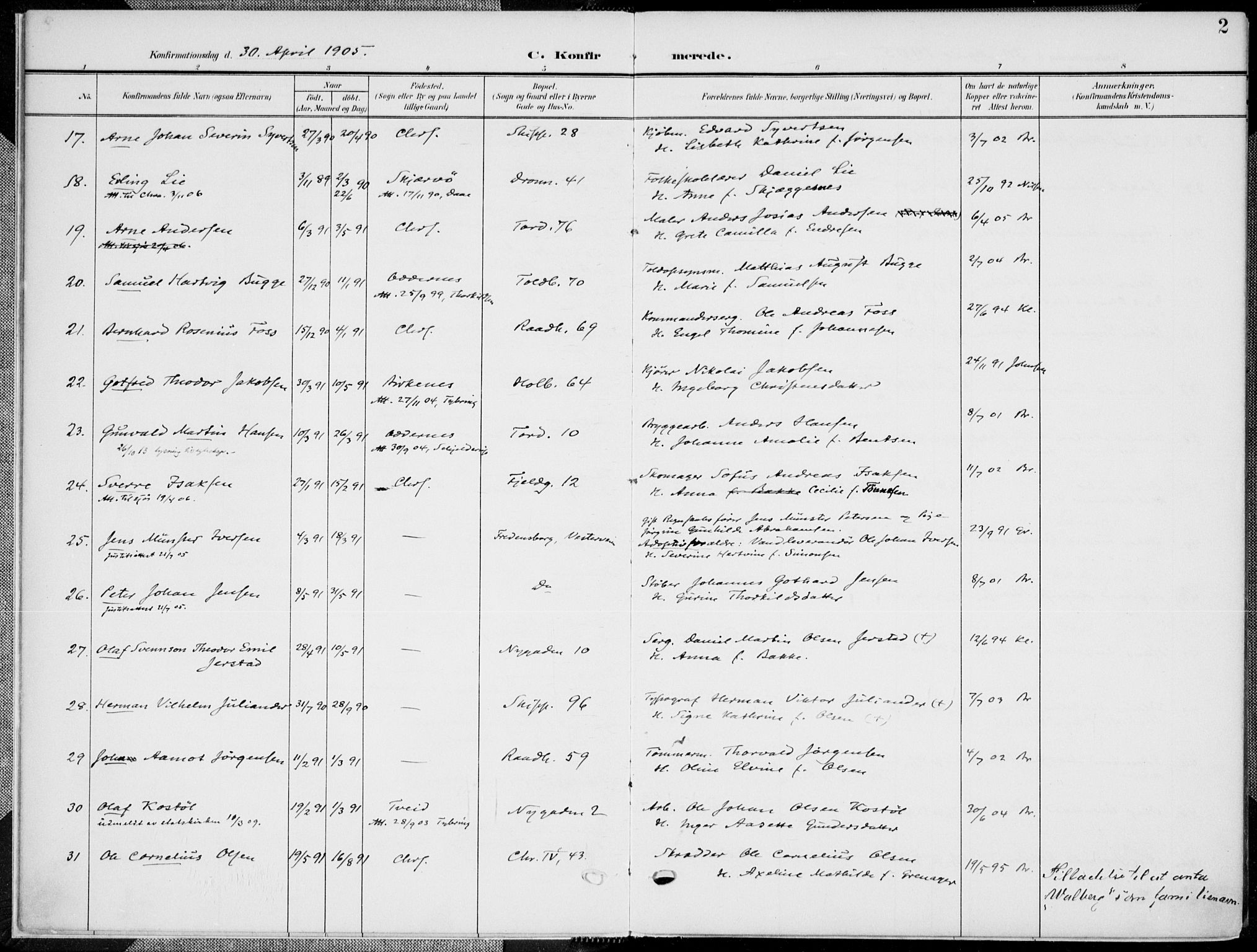 Kristiansand domprosti, SAK/1112-0006/F/Fa/L0022: Parish register (official) no. A 21, 1905-1916, p. 2