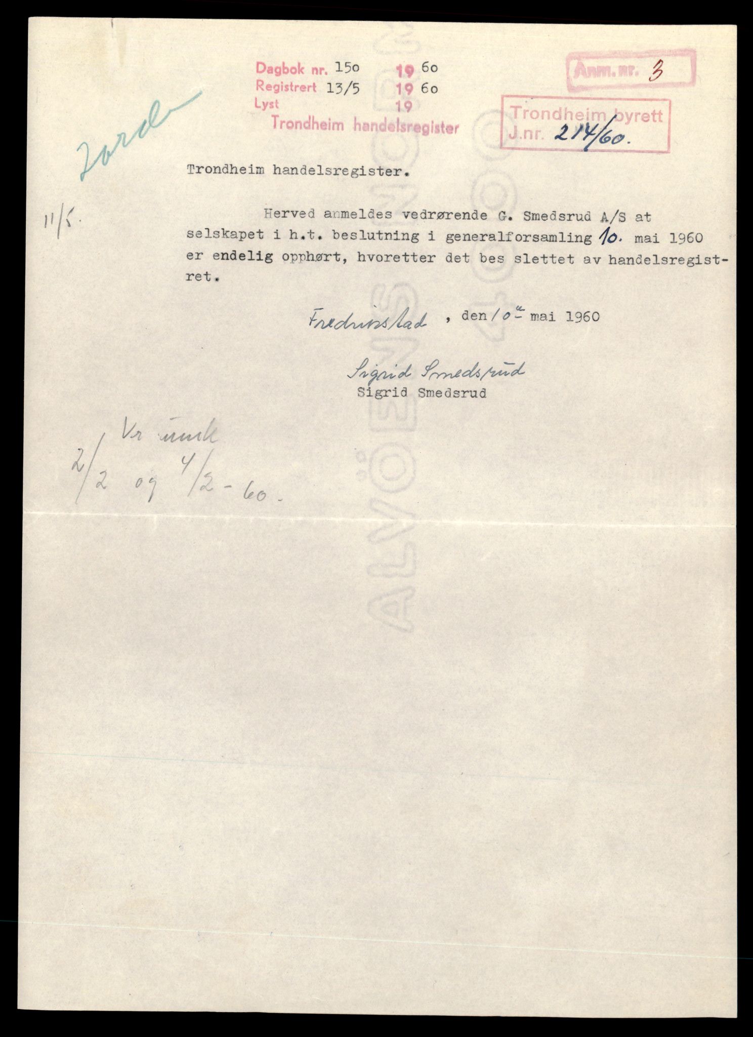 Trondheim byfogd, SAT/A-0003/2/J/Jd/Jdb/L0010: Aksjeselskap, Sm-Th, 1960-1964, p. 1