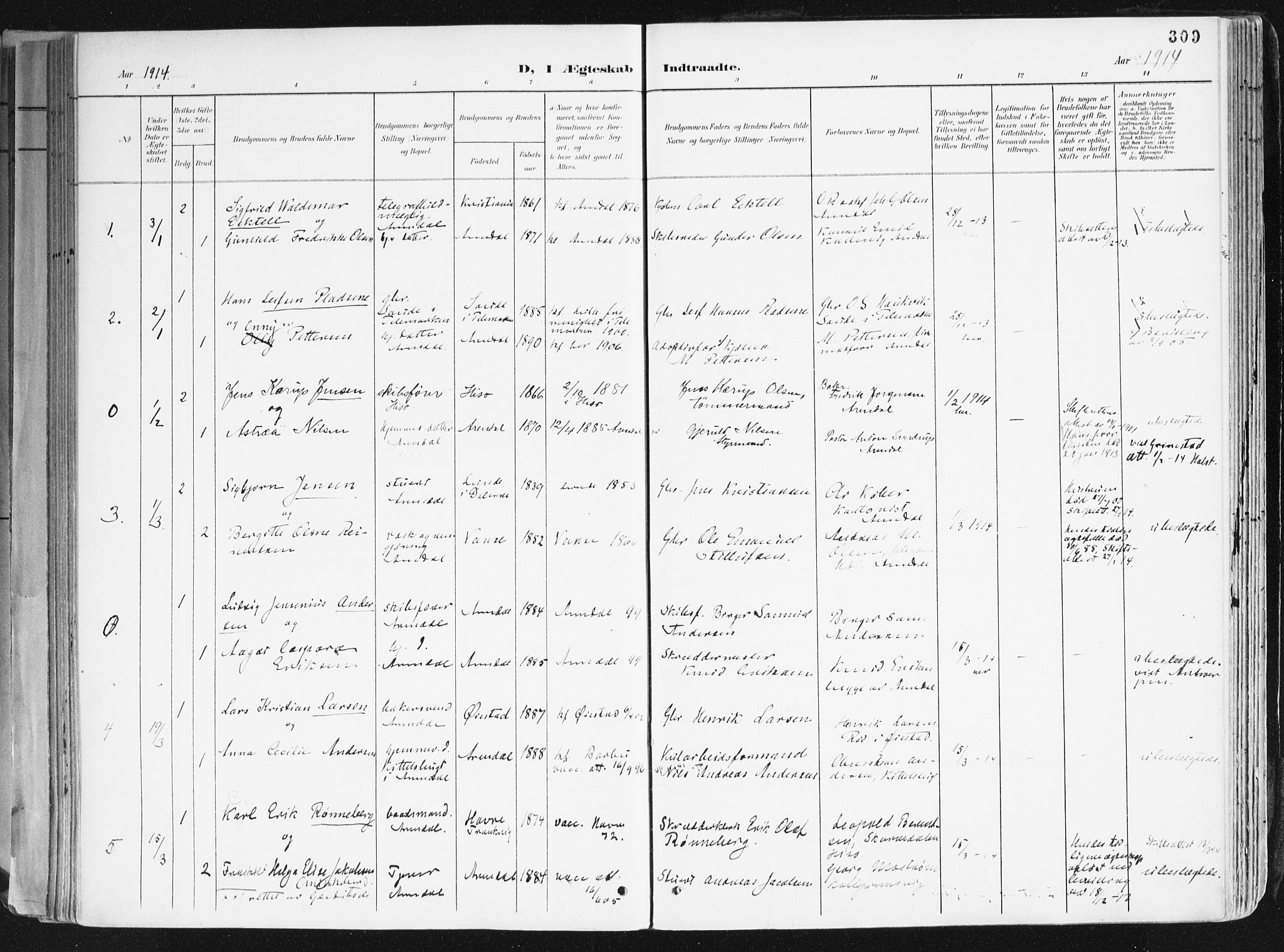Arendal sokneprestkontor, Trefoldighet, SAK/1111-0040/F/Fa/L0010: Parish register (official) no. A 10, 1900-1919, p. 309