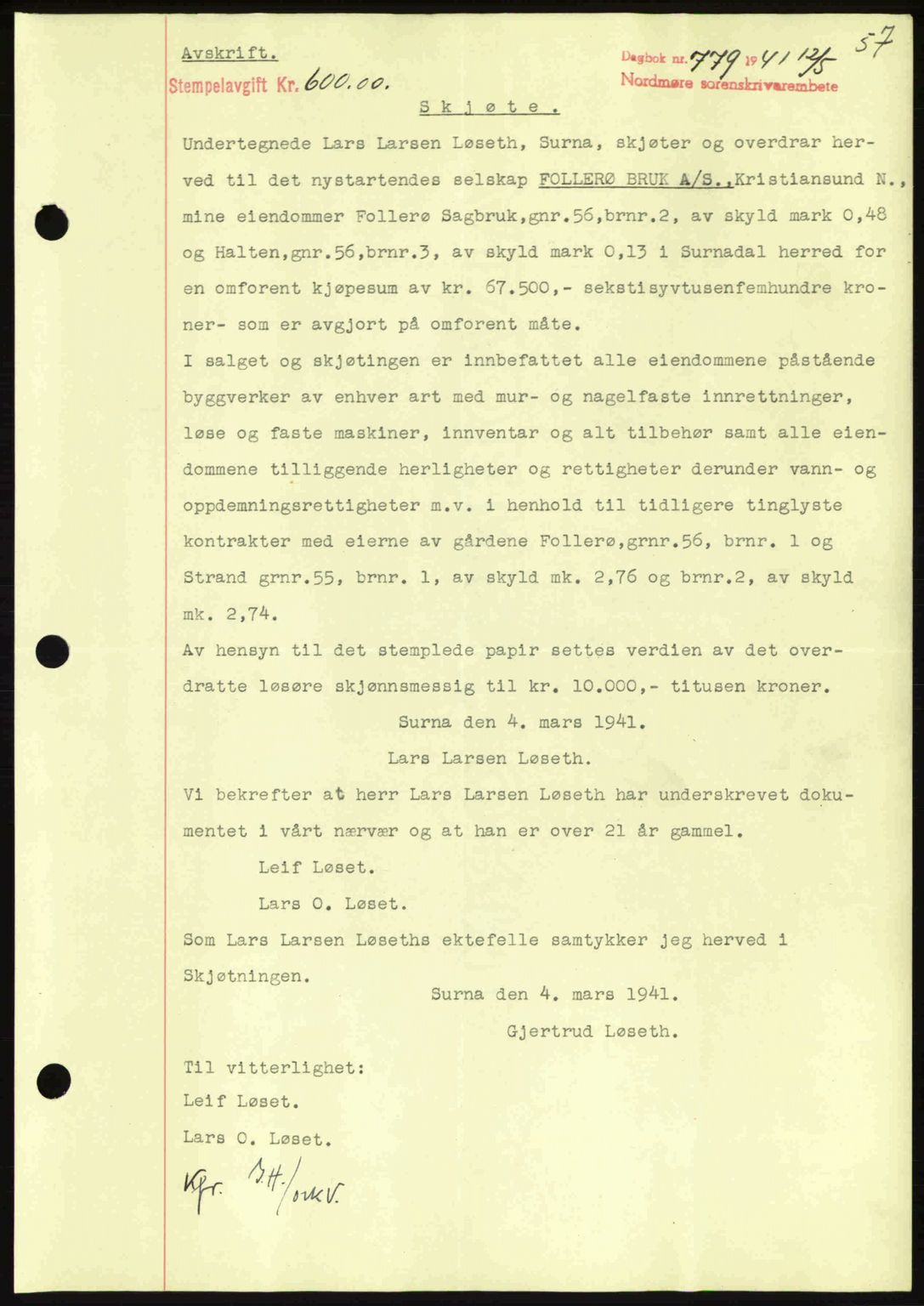 Nordmøre sorenskriveri, SAT/A-4132/1/2/2Ca: Mortgage book no. A90, 1941-1941, Diary no: : 779/1941