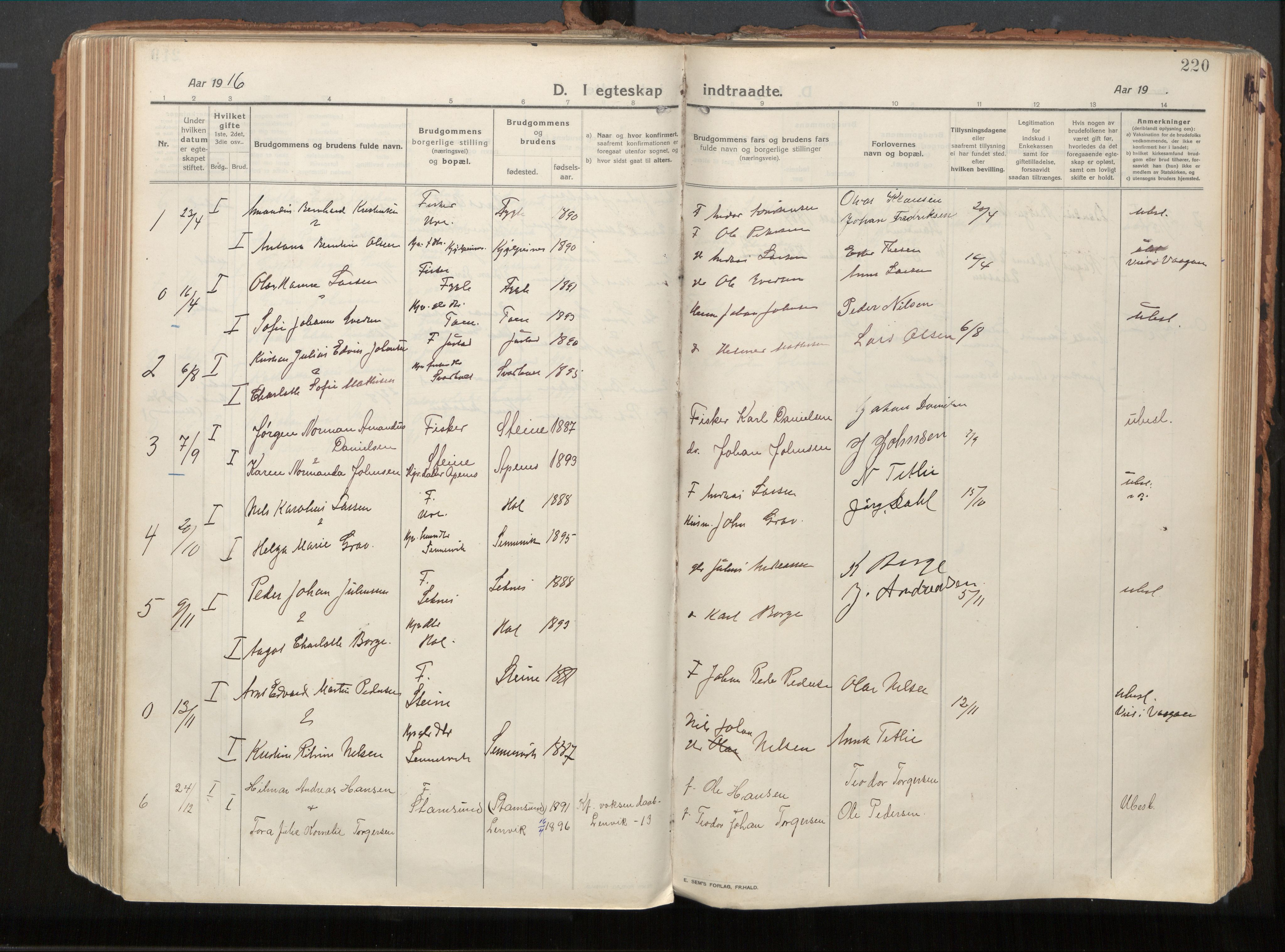Ministerialprotokoller, klokkerbøker og fødselsregistre - Nordland, SAT/A-1459/882/L1181: Parish register (official) no. 882A03, 1913-1937, p. 220